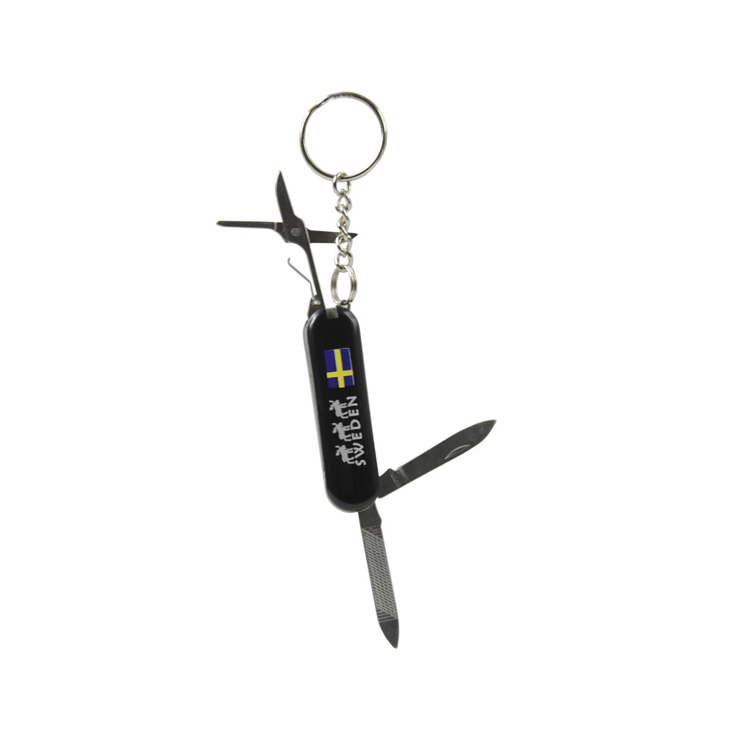 Utfälld svart souvenirnyckelring med fickkniv, 5,5 cm – visar 5 funktioner: sax, pincett, tandpetare, fil och kniv. Dekorerad med älgmotiv och texten "Sweden".