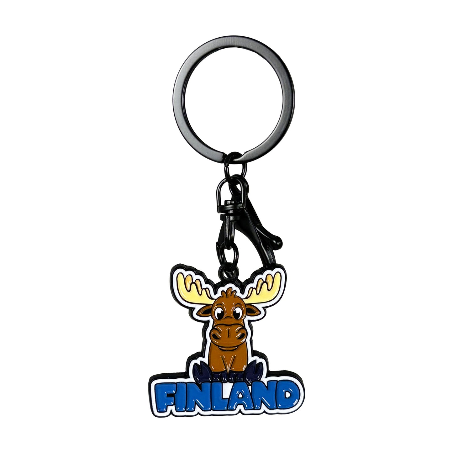 Nyckelring med svart metallring och brun tecknad älg och texten "Finland" i blått.
