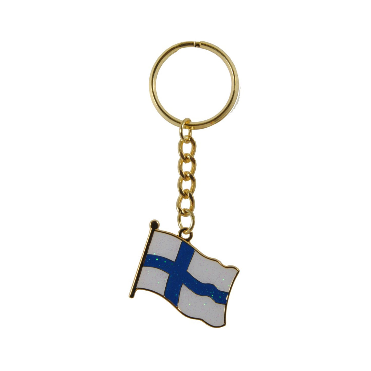 Glittrig nyckelring med finska flaggan och guldfärgade detaljer.