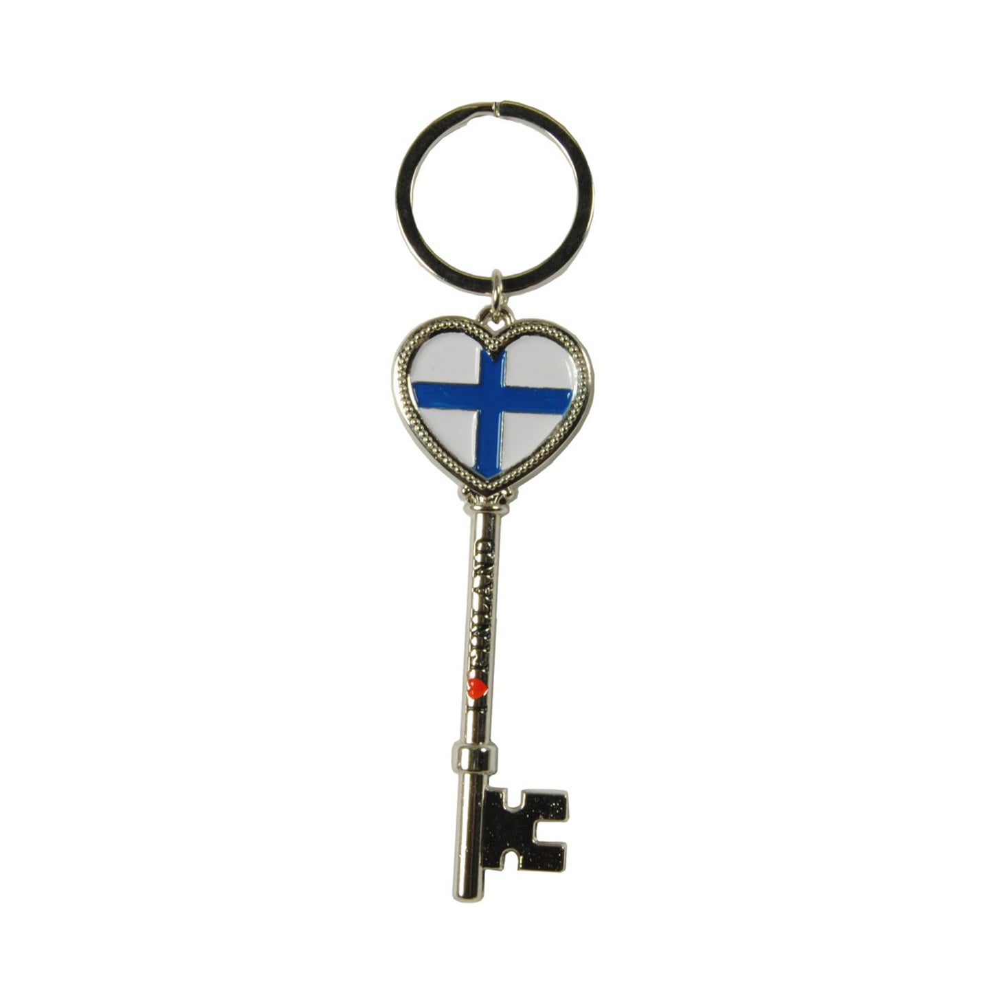 Souvenirnyckelring i nyckelform med texten "I Love Finland" och finska flaggan i ett hjärta.