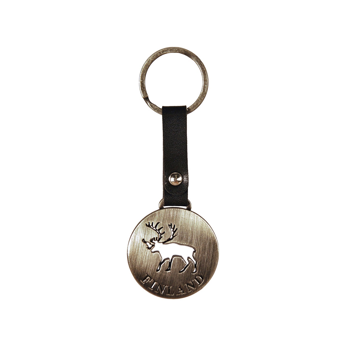 Rund, silverfärgad metallnyckelring med utskuret renmotiv och texten "Finland", med svart läderband.