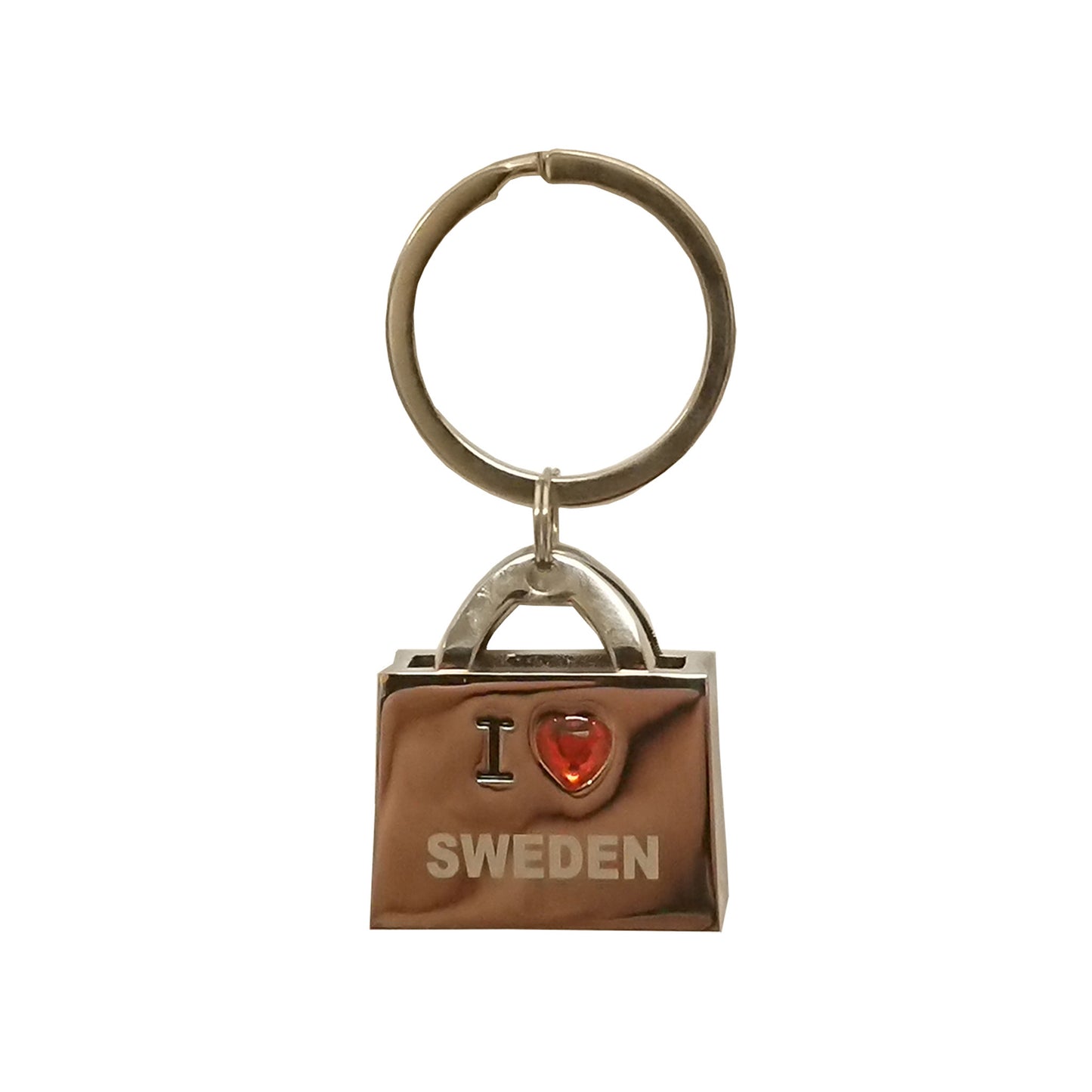 Metall Nyckelring Handväska I Love Sweden 3 cm. Gedigen souvenirnyckelring med rätt känsla och tyngd. Det röda hjärtat ger en lysande och läcker lyster. Bara att shoppa loss!