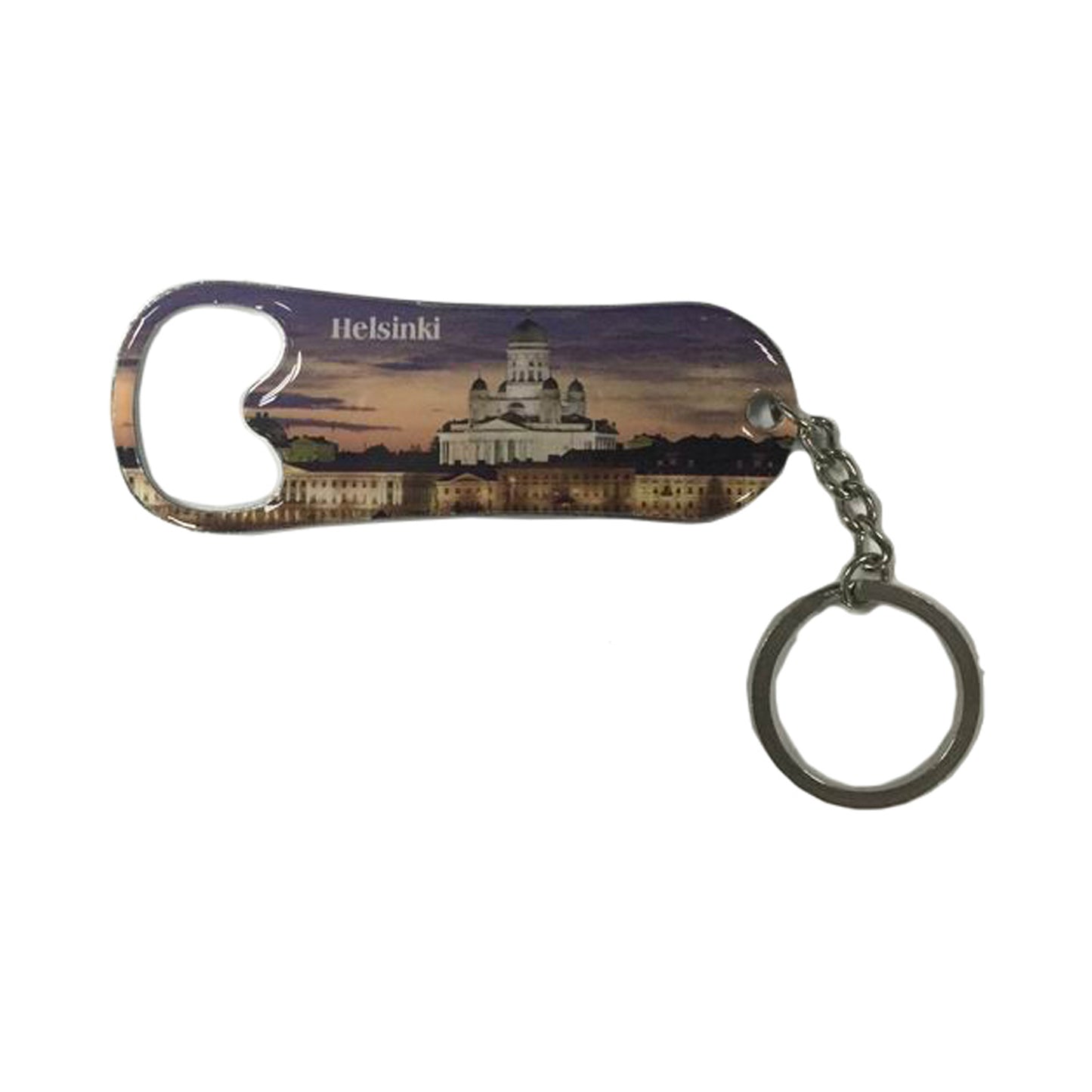 Souvenirnyckelring från Finland – med bild av Helsingfors domkyrka och flasköppnare.