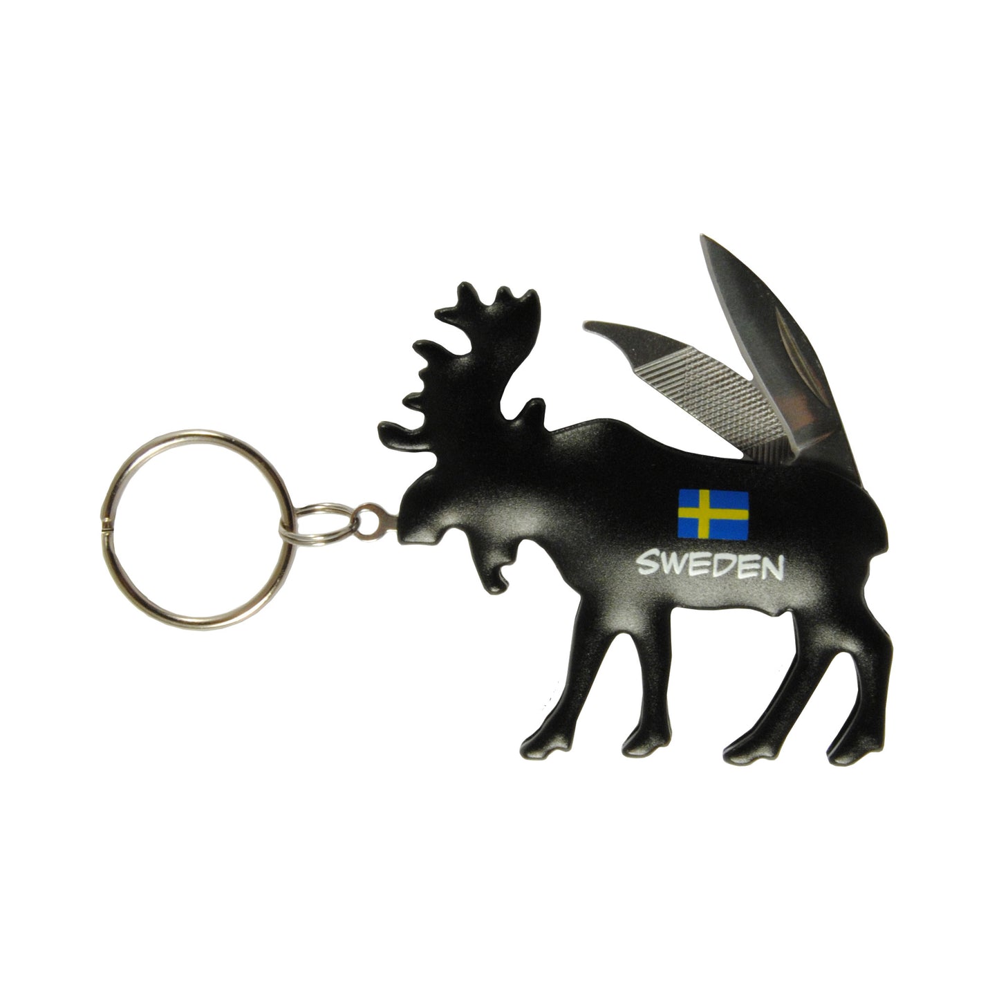 Nyckelring med fickkniv i form av en älg, 6 x 5,5 cm – här utfälld och visar kniv och fil. Dekorerad med svensk flagga och texten "Sweden" på kroppen.