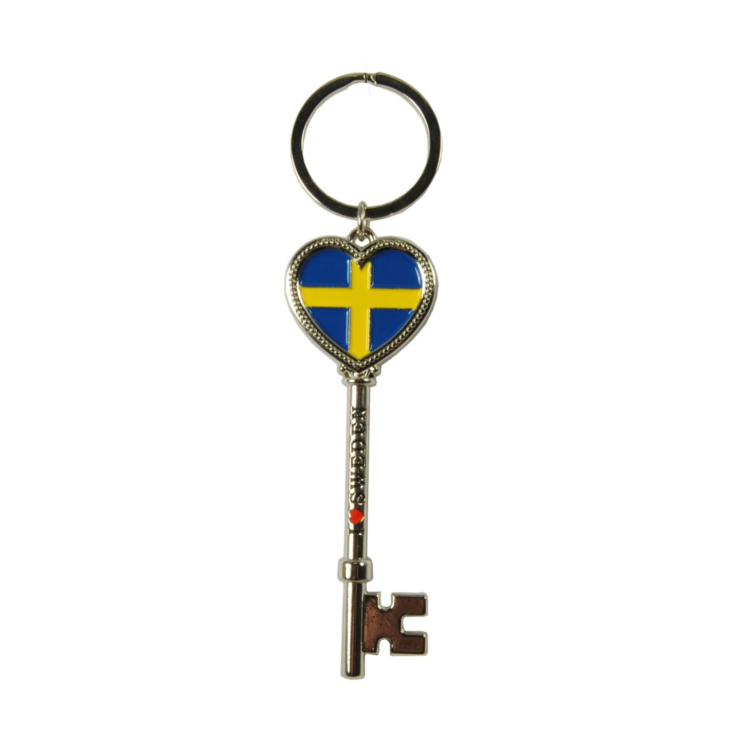 Metallnyckelring i form av nyckel med graverad text "I Love Sweden" och svenskt flagghjärta. Samma motiv på båda sidor – elegant och hållbar souvenir, 8,5 cm lång.