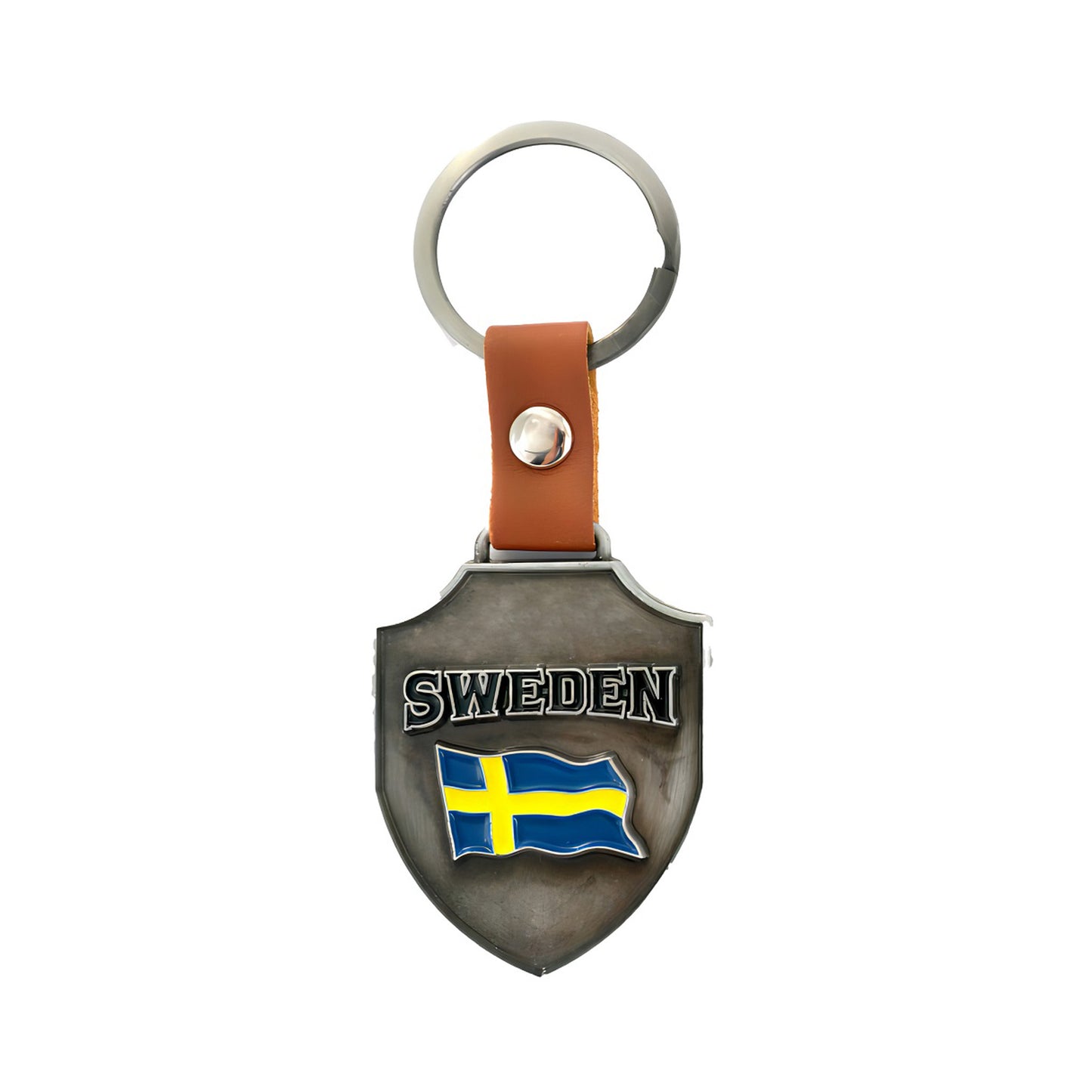Framsidan av metallnyckelring i form av en sköld med svensk flagga i 2D-effekt och texten "Sweden".