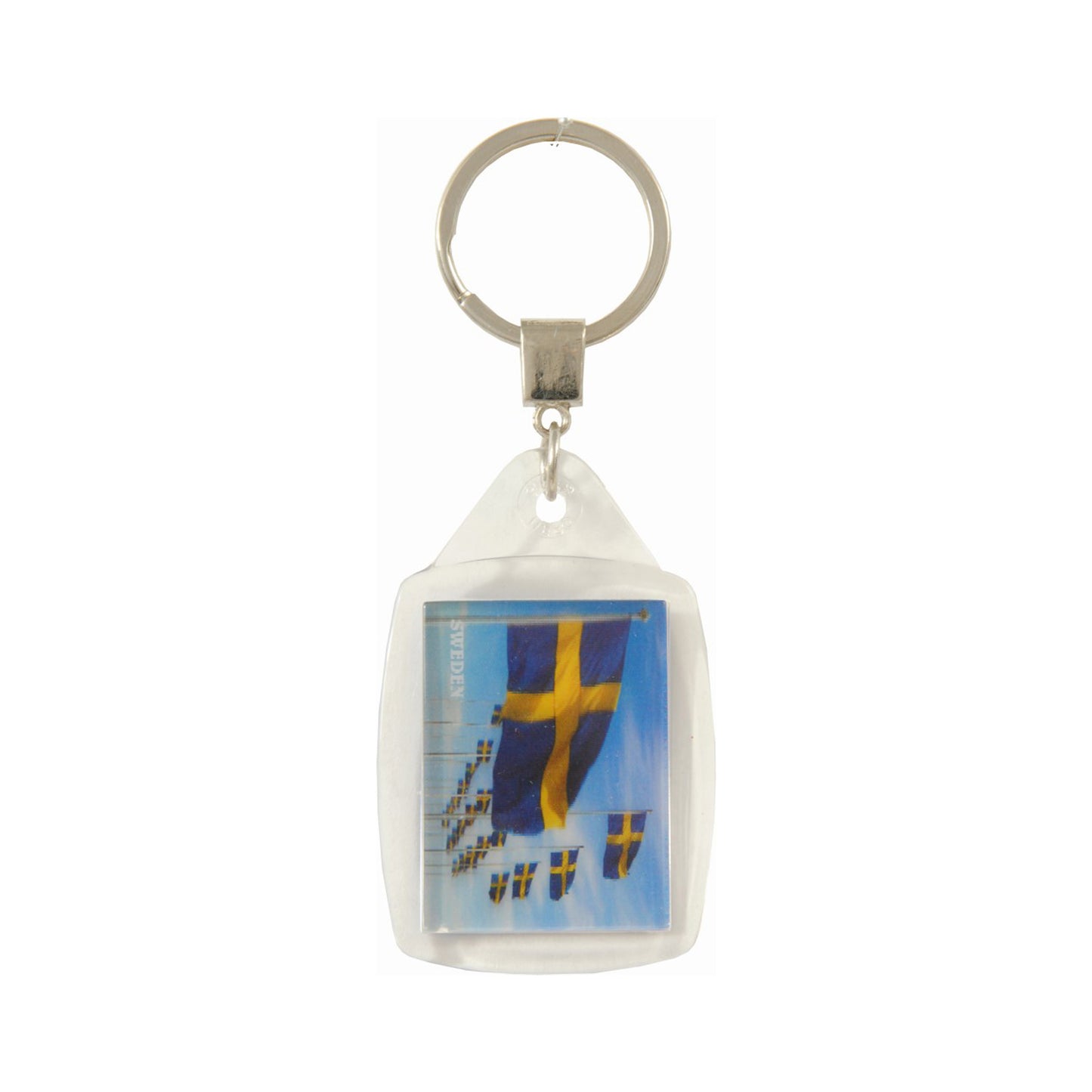 Nyckelring med svenska flaggor i 3D och texten "Sweden" – souvenir med tydlig tredimensionell effekt.