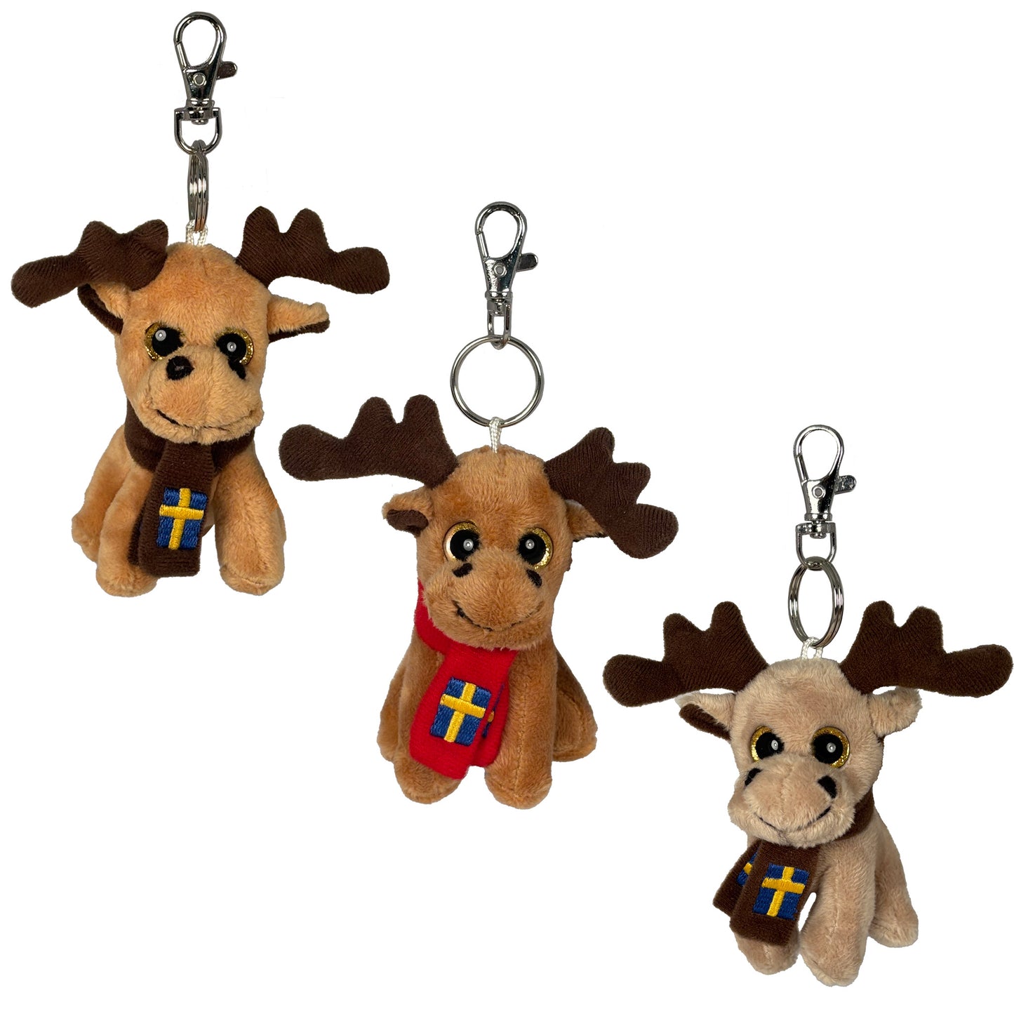 Nyckelringar med gosedjursälgar i tre olika bruna nyanser och halsdukar med svenska flaggan – perfekt som souvenir eller present.