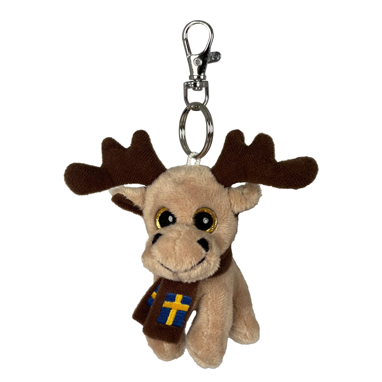 Nyckelring med beige gosedjursälg iklädd brun halsduk med svenska flaggan.
