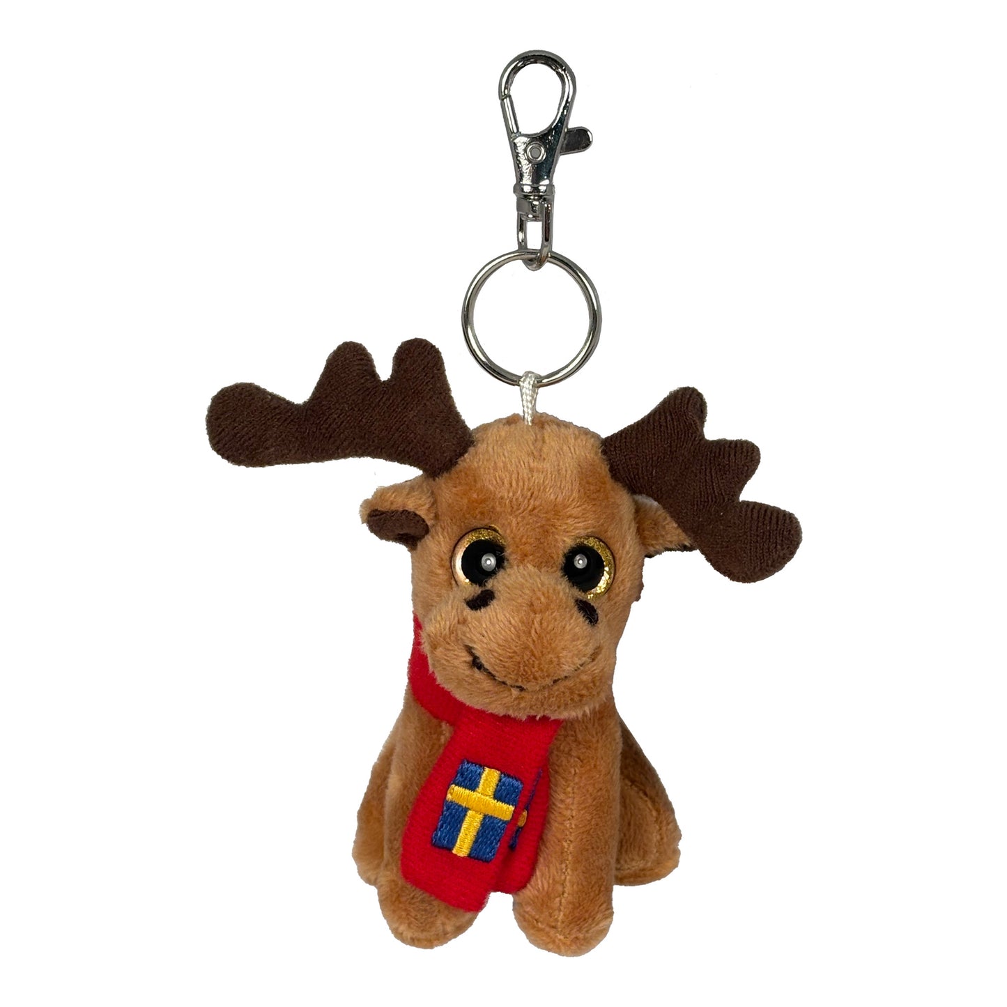 Nyckelring med brun gosedjursälg iklädd röd halsduk med svenska flaggan