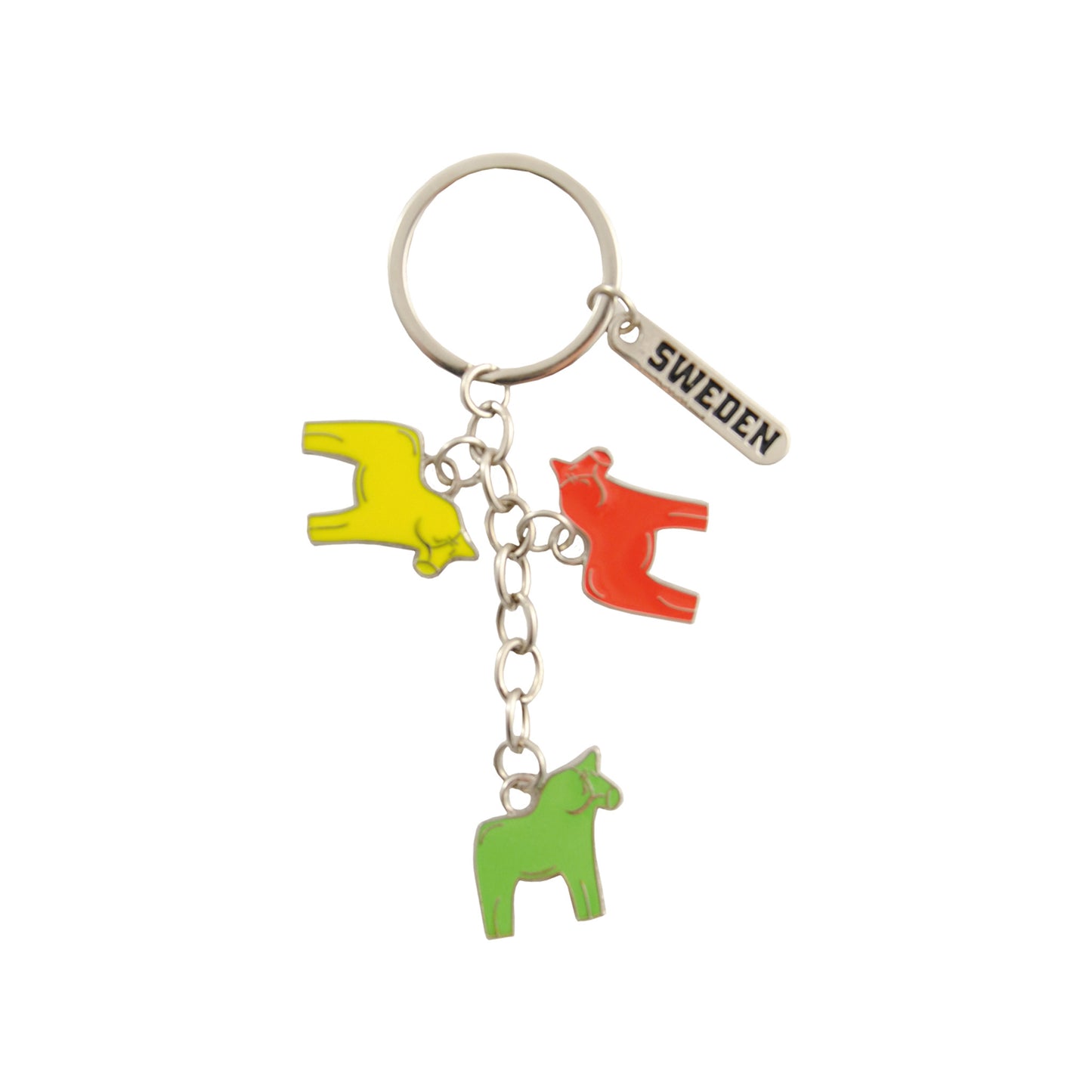Metallnyckelring med tre färgglada dalahästar och en metallbricka med texten "Sweden" – en populär souvenirnyckelring.