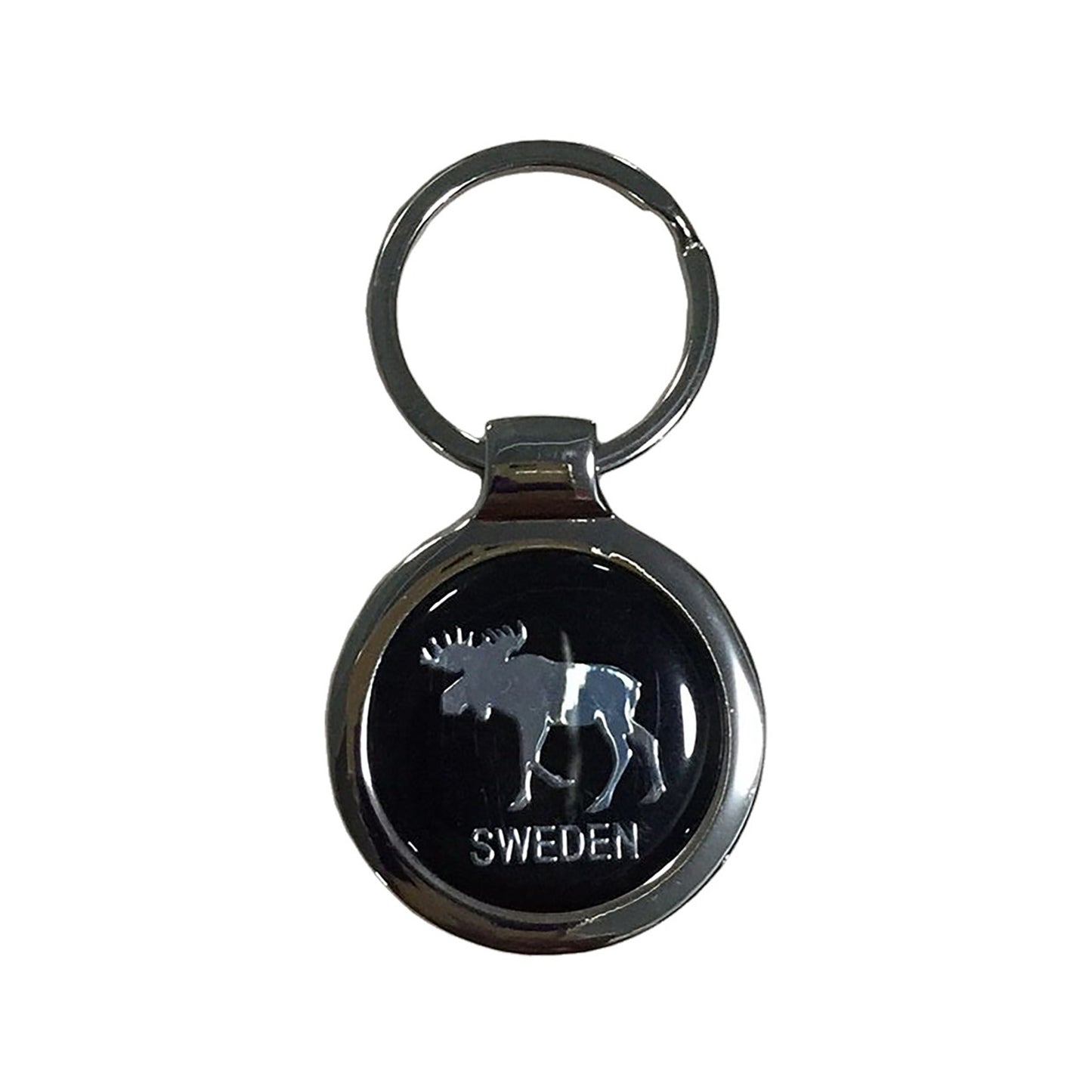 Metallnyckelring med älgmotiv och texten "Sweden" i silver, med epoxy-motiv i svart.