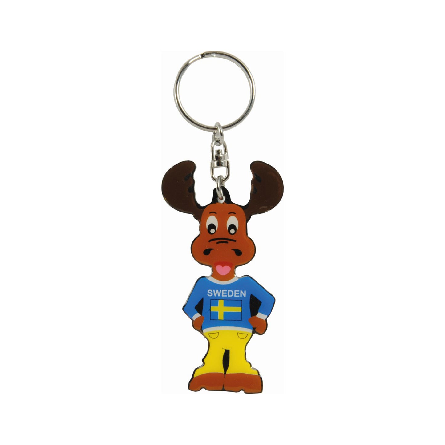 Metallnyckelring med en rolig blå-gul älg i epoxy och texten "Sweden" – en färgstark och slitstark souvenir, cirka 8 cm lång.
