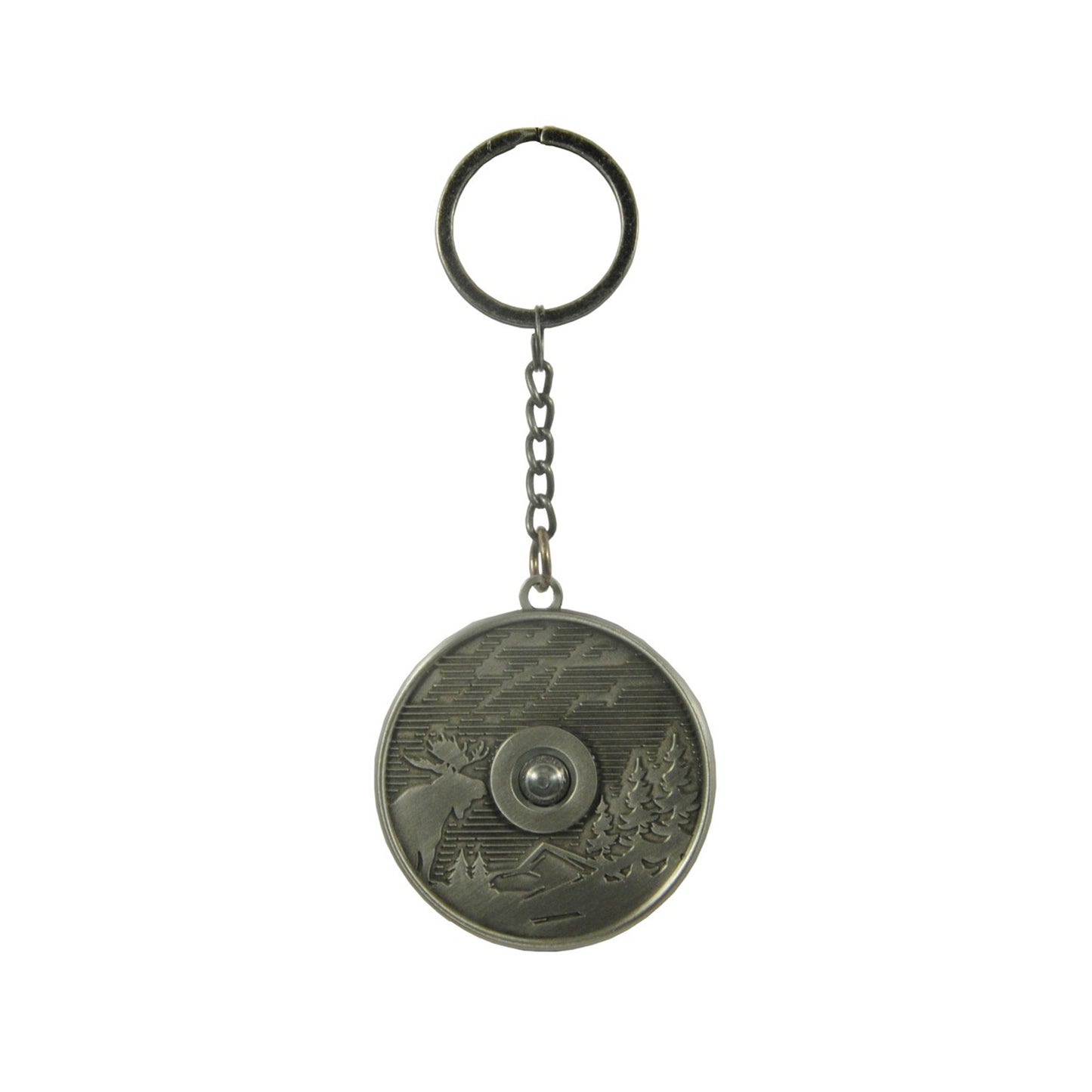 Nyckelring med älgmotiv och texten "Sweden" – visar baksidan av den snurrbara souveniren med fina detaljer.