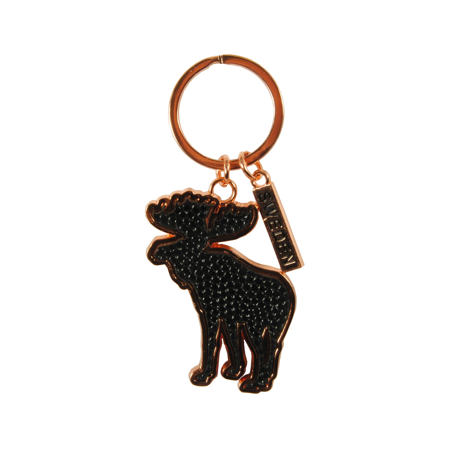 Nyckelring med stående älg i roséguld med svart ifyllnad och matchande bricka med texten "Sweden" – elegant souvenir i metall.