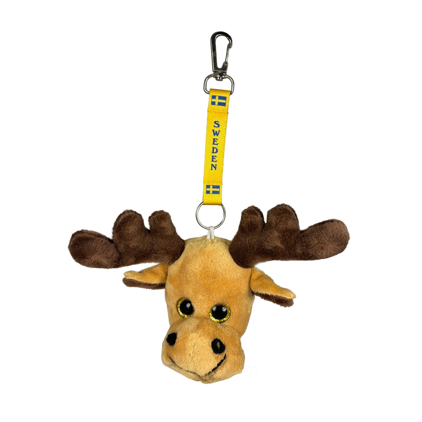 Nyckelring med ljusbrunt älghuvud i gosedjursstil och Sverige keyband.