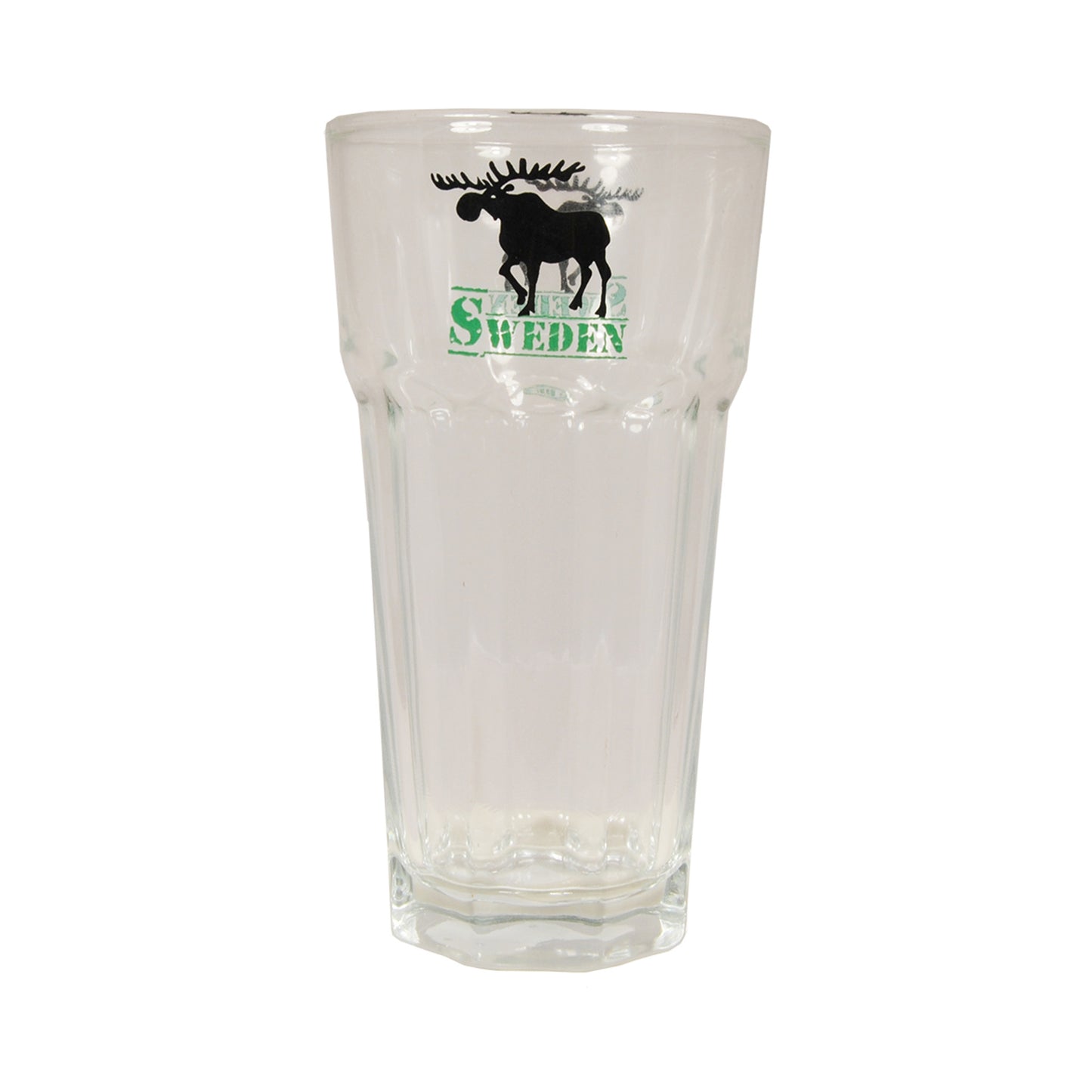 Ölglas med motiv av en älg och texten Sweden, 15 cm högt.