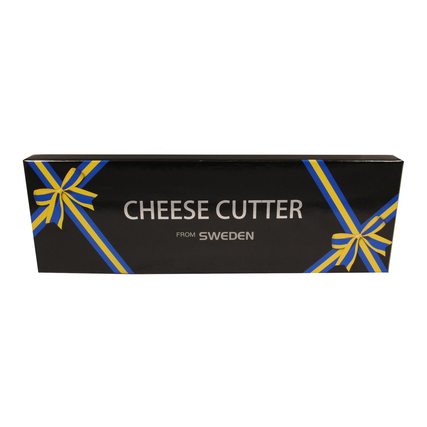 Elegant svart presentförpackning dekorerad med blågula rosetter och silvertext 'Cheese Cutter from Sweden'.