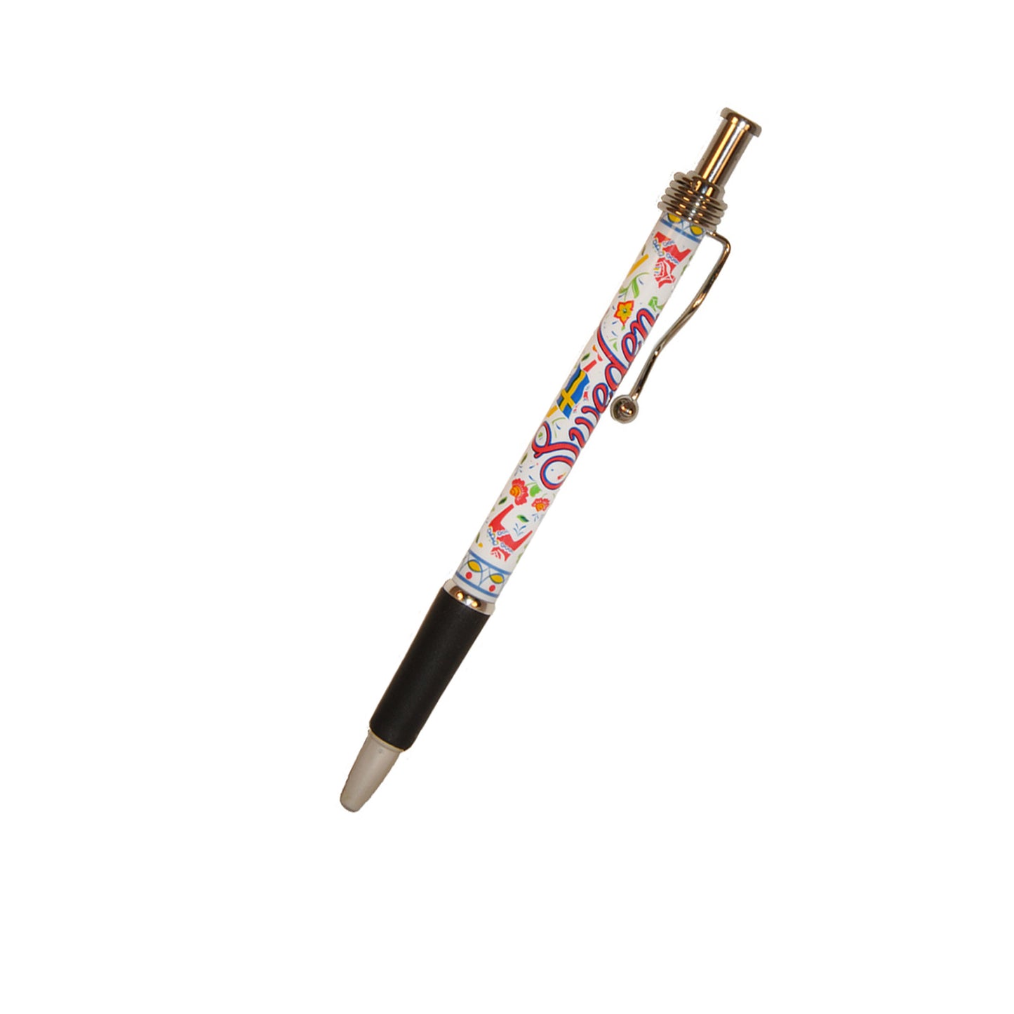 Penna med motiv av färgglada Dalahästar och texten Sweden.