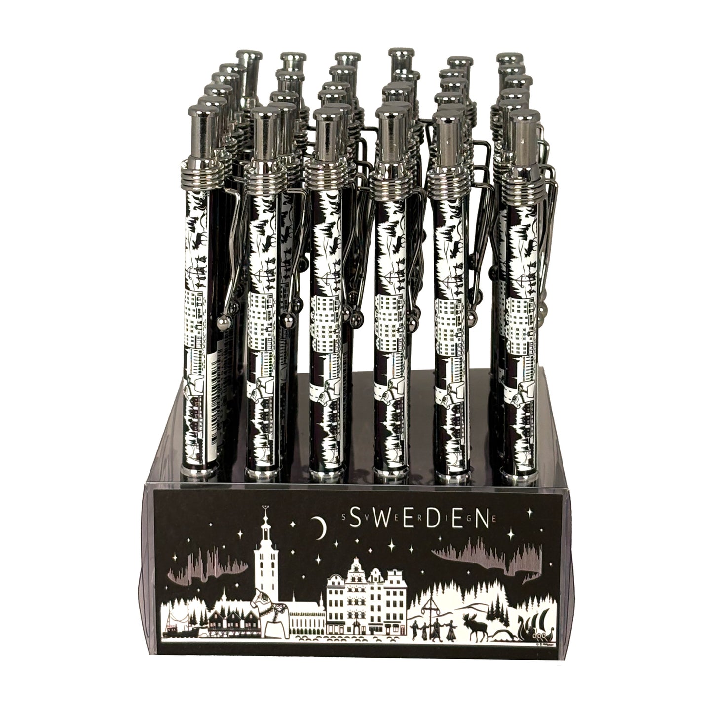 Pennor med motiv av Sweden Skyline, uppställda i stativ – perfekt som souvenir eller present.
