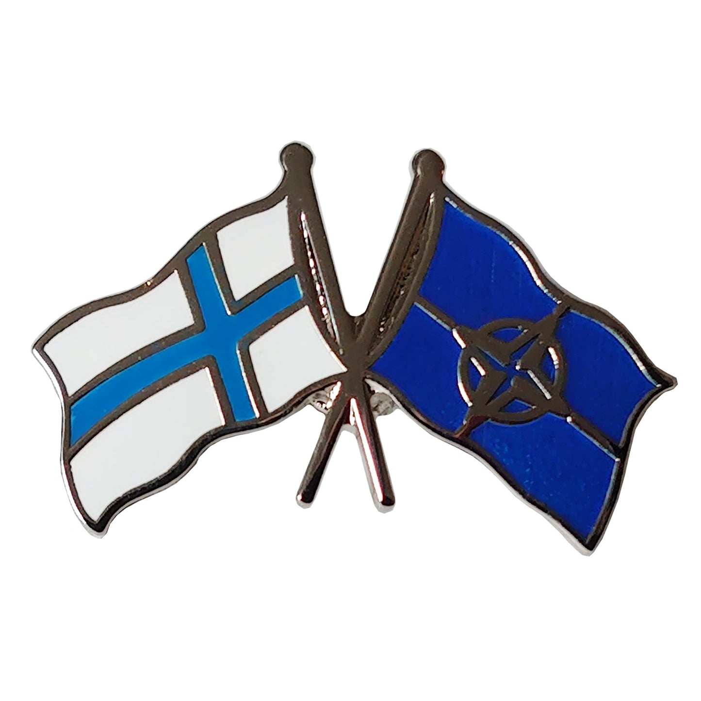 Souvenirpin med korslagda flaggor för Finland och NATO – emaljpin i hög kvalité med tydliga färger, perfekt som vänskapssymbol.