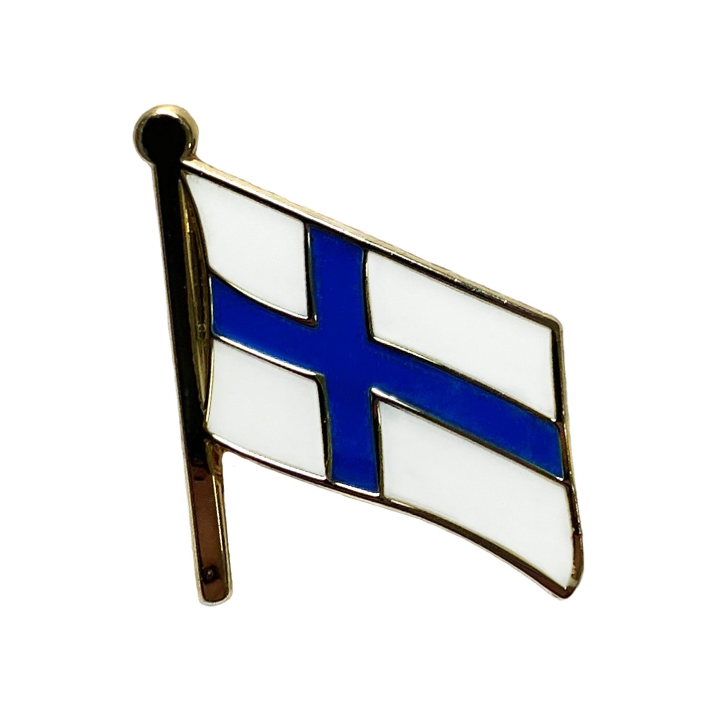 Liten emaljpin med finska flaggan och gulddetaljer – elegant souvenirpin i storlek 1,5 x 1 cm, perfekt för kavajen.