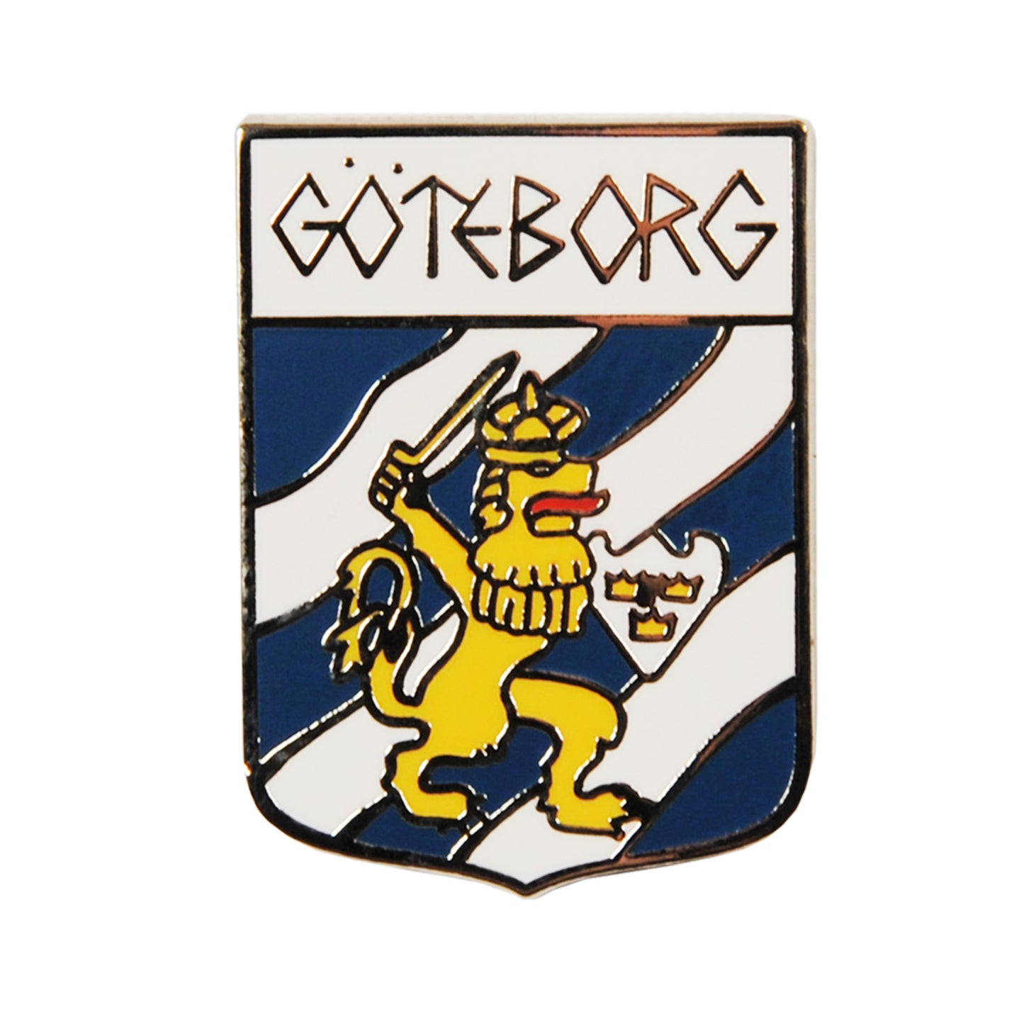 Emaljpin i sköldformat med Göteborgs stadsvapen – blå och vit sköld med ett lejon som håller ett svärd och en sköld.