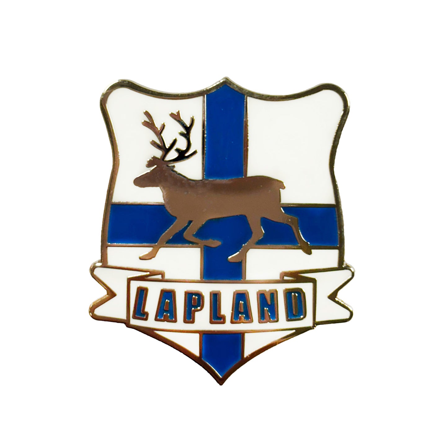 Emaljpin med finska flaggan och siluett av en ren – dekorativ souvenirpin med banderoll och texten LAPLAND. Tillverkad i hög kvalité med tydliga färger och detaljer.