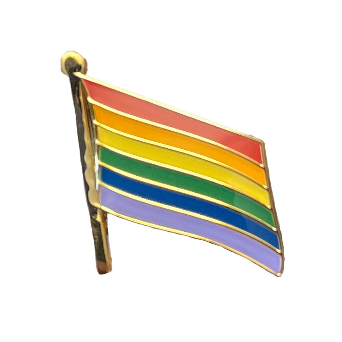 Emaljpin med prideflagga och guldfärgade detaljer – stilren och färgstark pin som passar både kostym och färgglad outfit i prideparad.