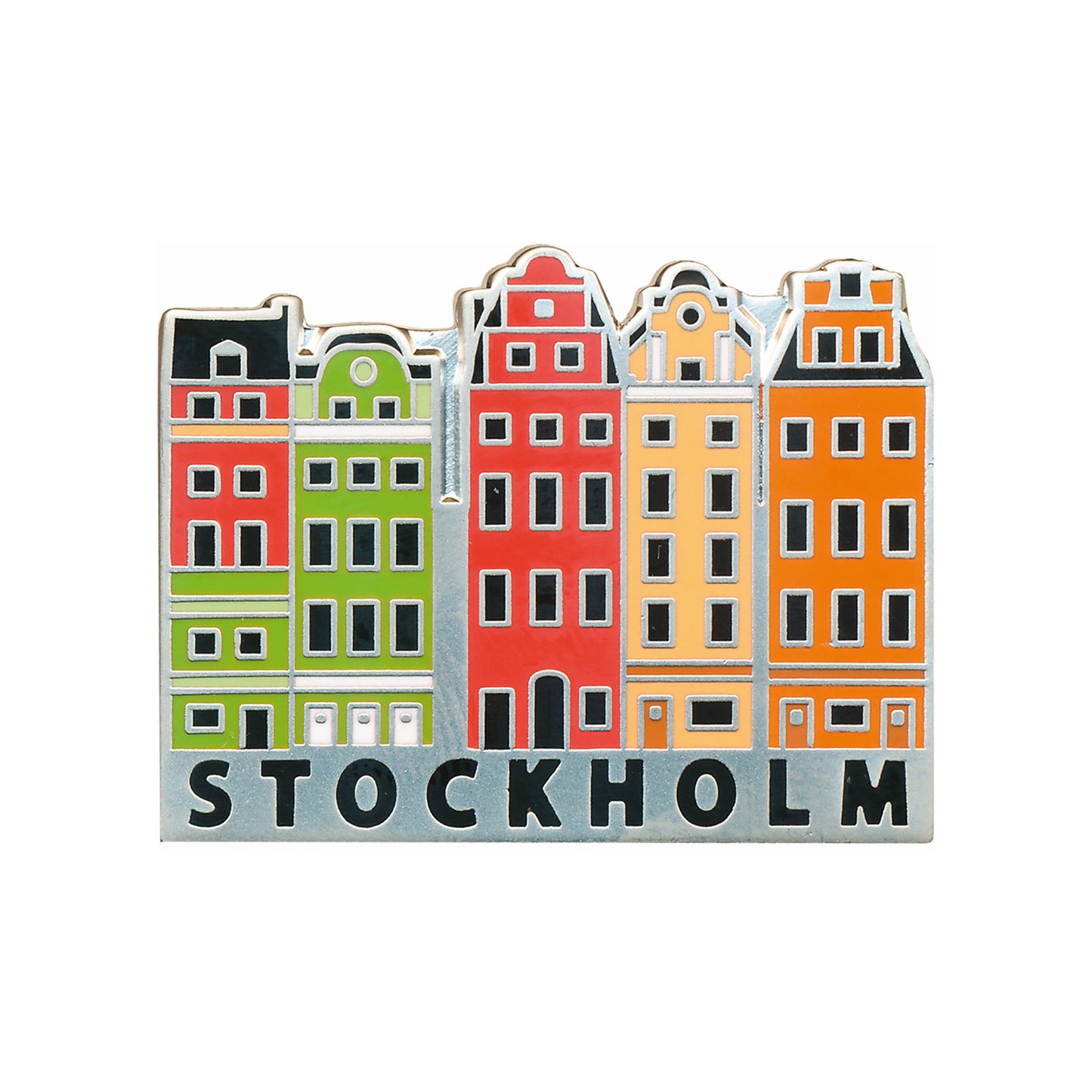 Emaljpin i figurformat med de färgglada husen vid Stortorget i Gamla Stan, Stockholm. Detaljrik souvenirpin med hög kvalité och klara färger.