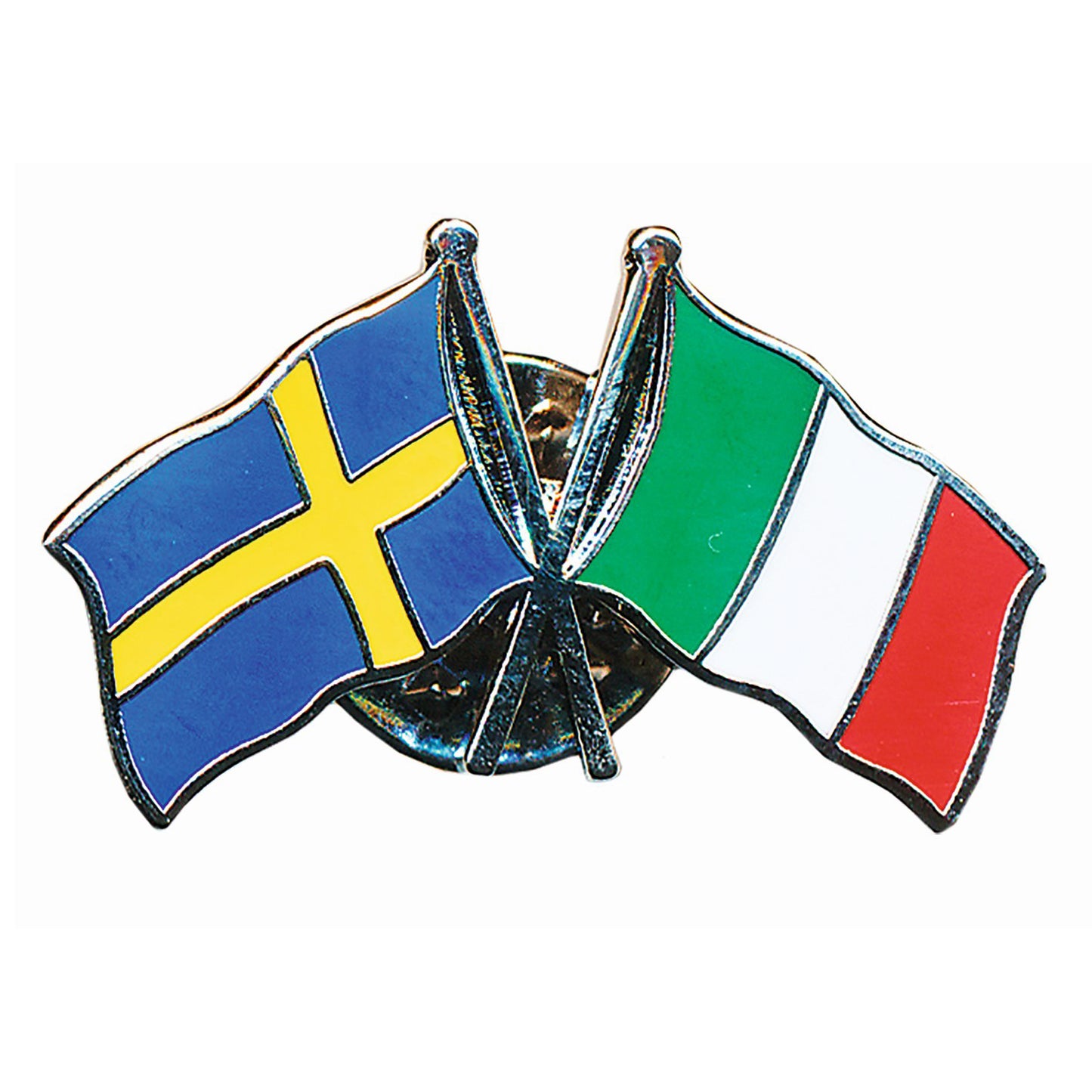 Dubbel pin med korslagda flaggor för Sverige och Italien, tillverkad i emalj med hög kvalitet och livfulla färger – en elegant souvenir.