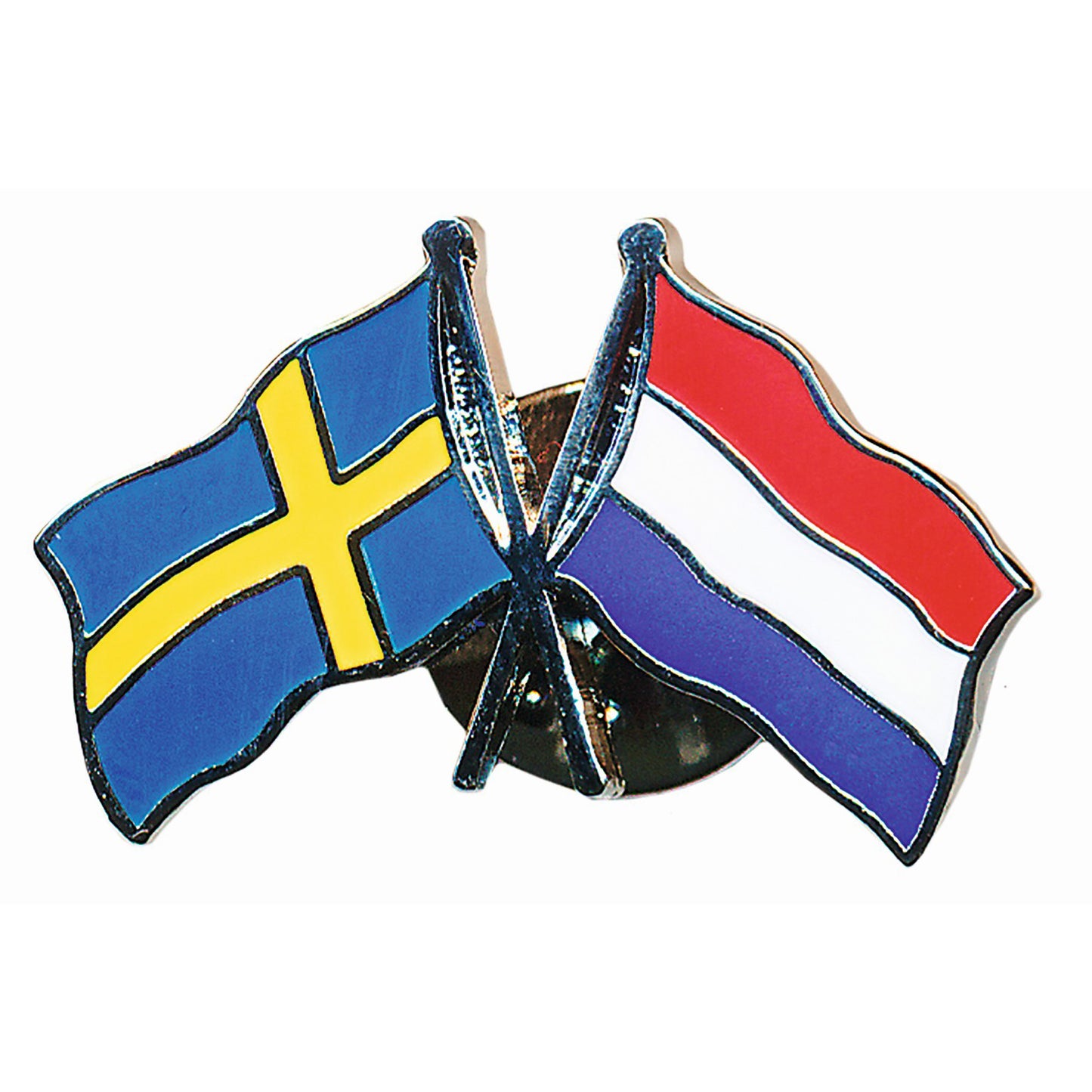 Dubbel pin med korslagda flaggor för Sverige och Nederländerna, tillverkad i emalj med hög kvalitet och livfulla färger – en stilfull och symbolisk souvenir.