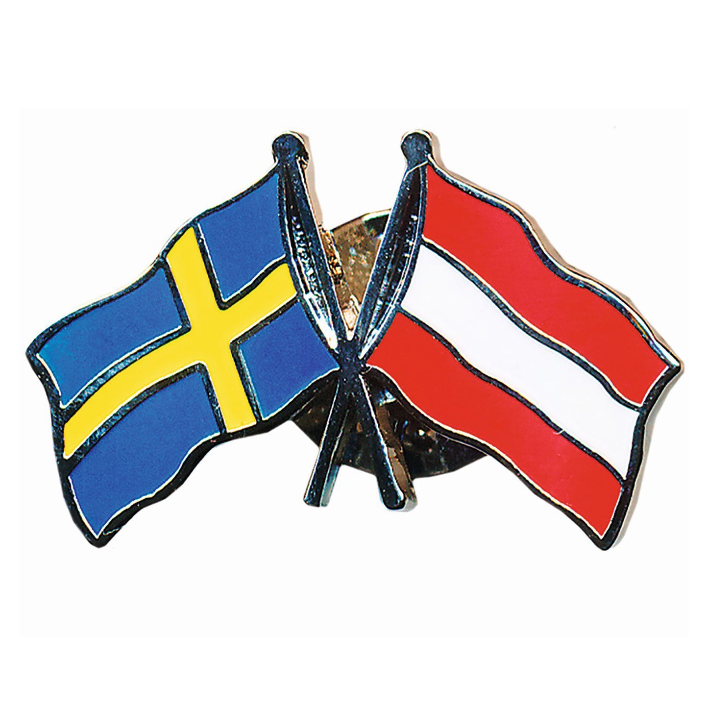 Dubbel pin med korslagda flaggor för Sverige och Österrike, tillverkad i emalj med hög kvalitet och klara färger – en elegant och symbolisk souvenir.