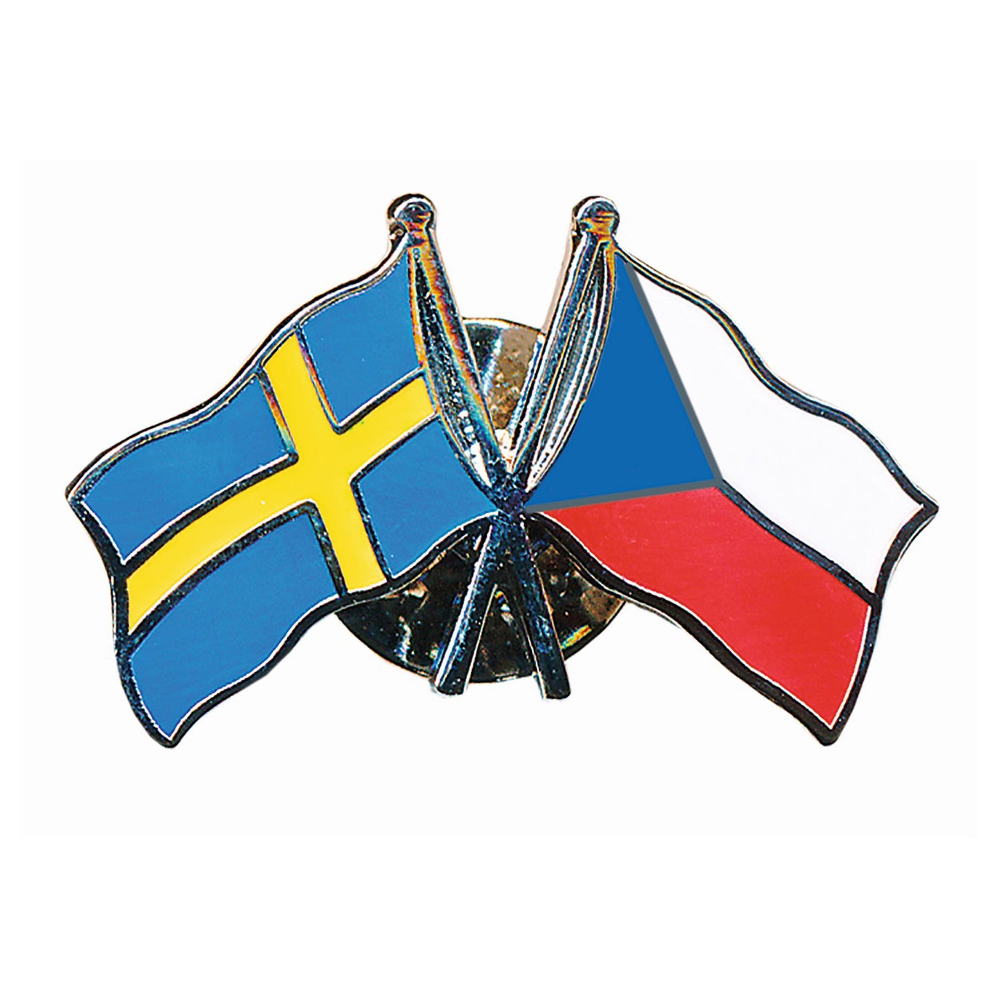 Dubbel pin med korslagda flaggor för Sverige och Tjeckien, tillverkad i emalj med hög kvalitet och fina färger – en klassisk souvenir.