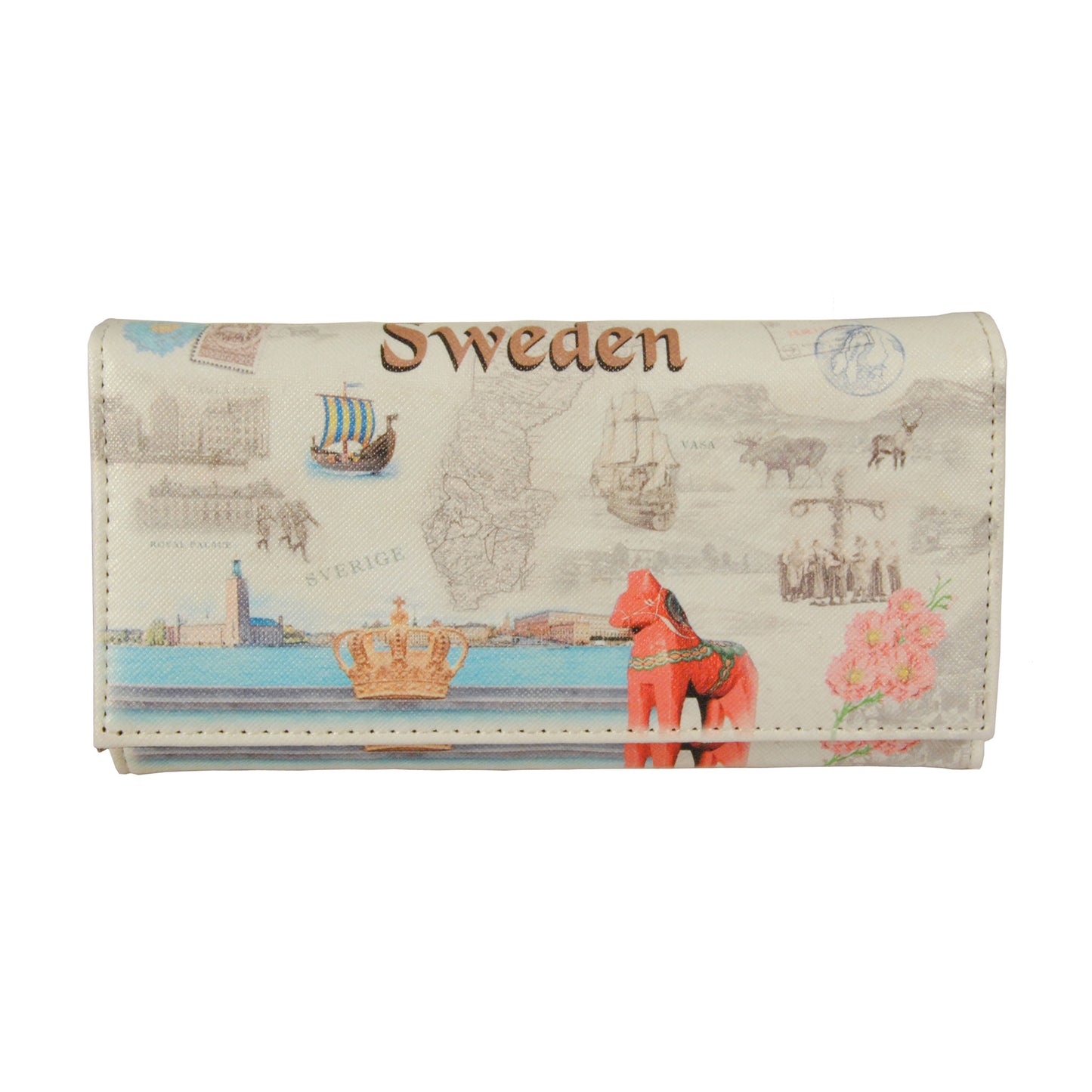 Plånbok med motiv av Sverigekarta, dekorerad med typiskt svenska symboler som vikingaskepp, midsommarstång och dalahäst – storlek 18,5 x 13 cm, med flera fack, inklusive ett med dragkedja samt plats för kreditkort och körkort.