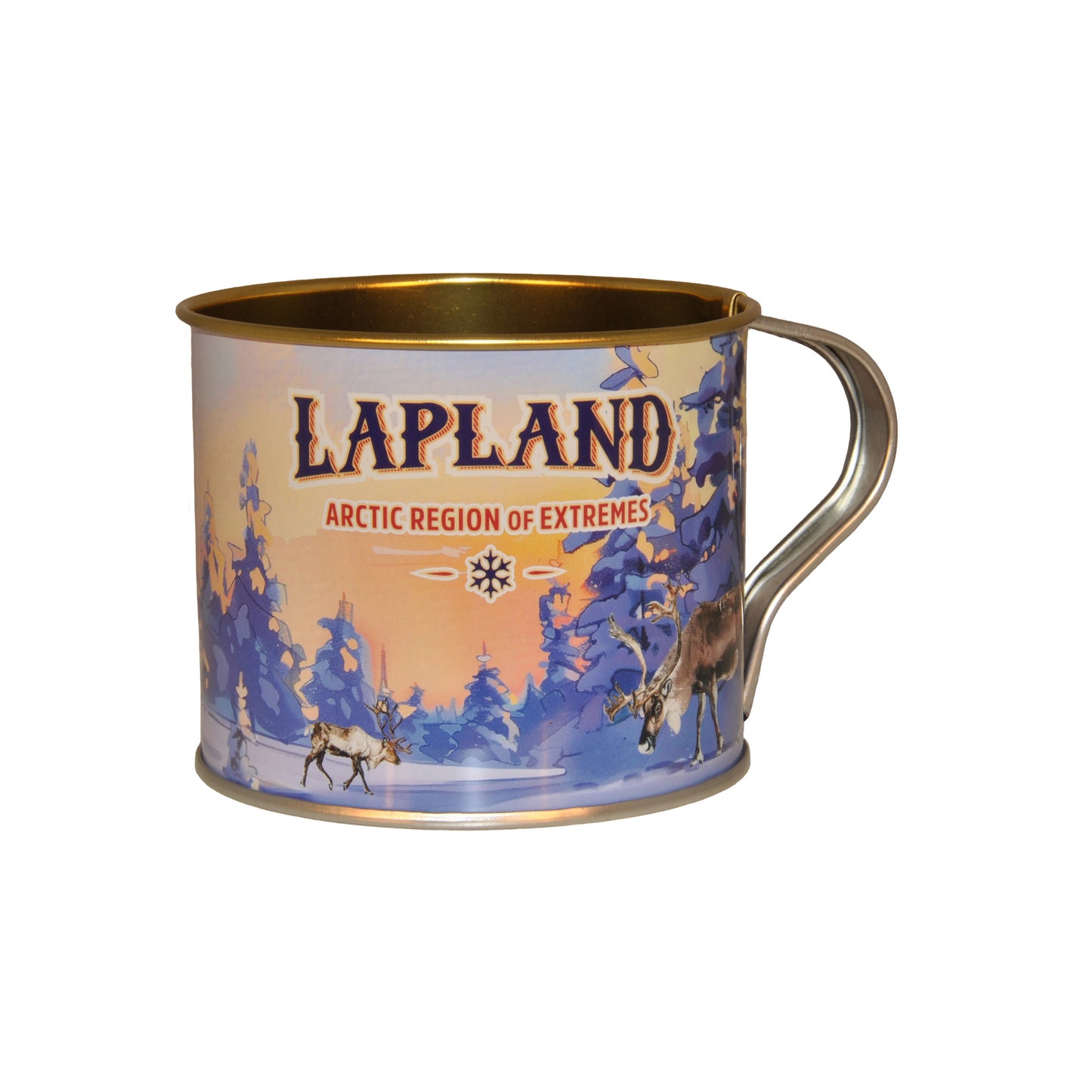Plåtmugg med fint motiv av renar mot en bakgrund som fångar Laplands storslagna natur. Muggen pryds av texten "Lapland - Arctic Region of extremes".
