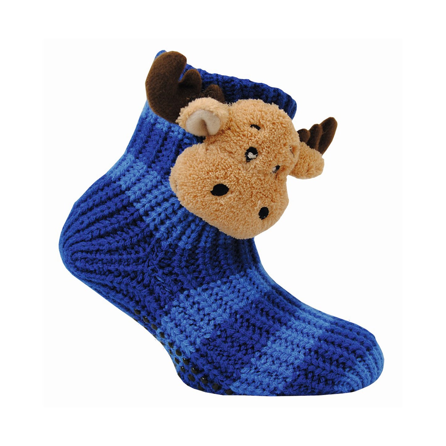 Randig raggsocka i två nyanser av blått som pryds av ett mjukt älghuvud.