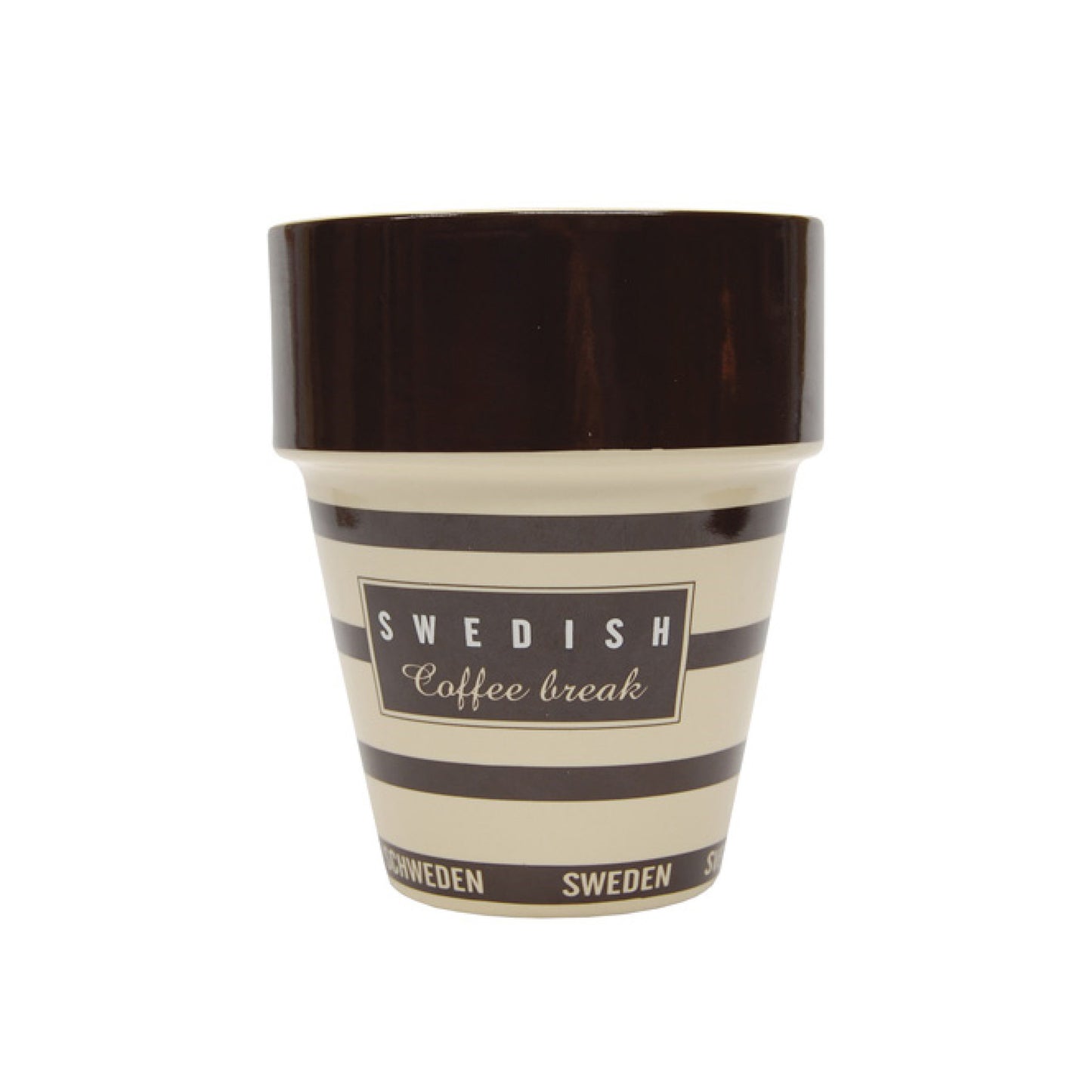 Brun och beige randig mugg med texten 'Swedish Coffee Break'.