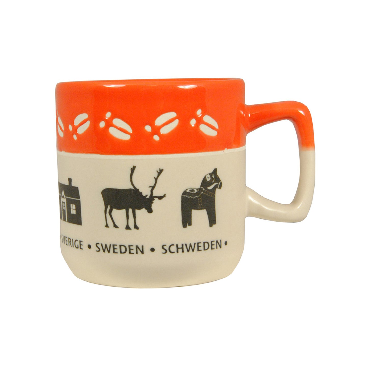 Beige och röd souvenirmugg med motiv av dalahäst, ren och texten "Sweden Sverige Schweden" – älgspår syns i den röda färgen. Tidigare produkt i sortimentet.