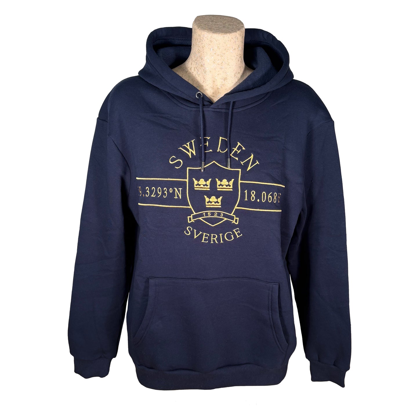 Mörkblå hoodie med ett tidlöst guldfärgat motiv inspirerat av svensk historia.
