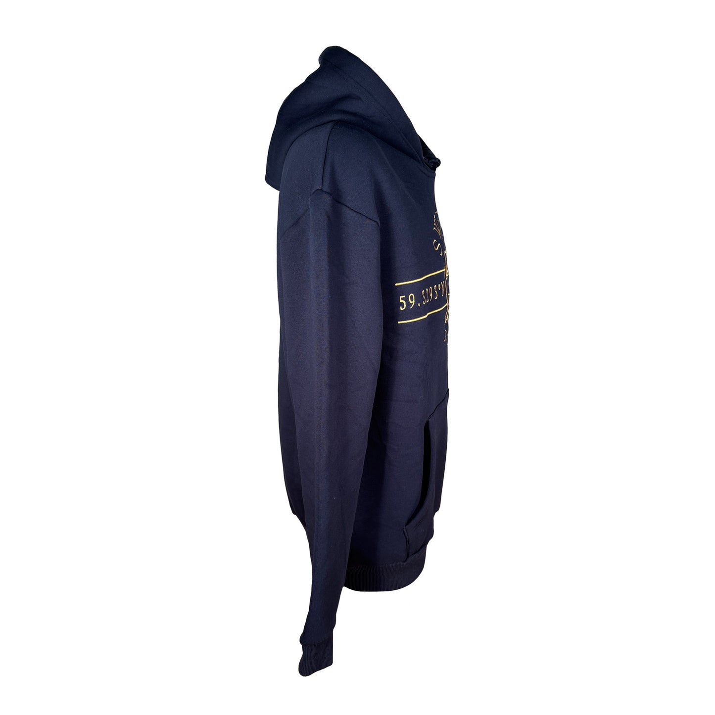 Mörkblå hoodie med ett tidlöst guldfärgat motiv inspirerat av svensk historia - sedd från sidan.