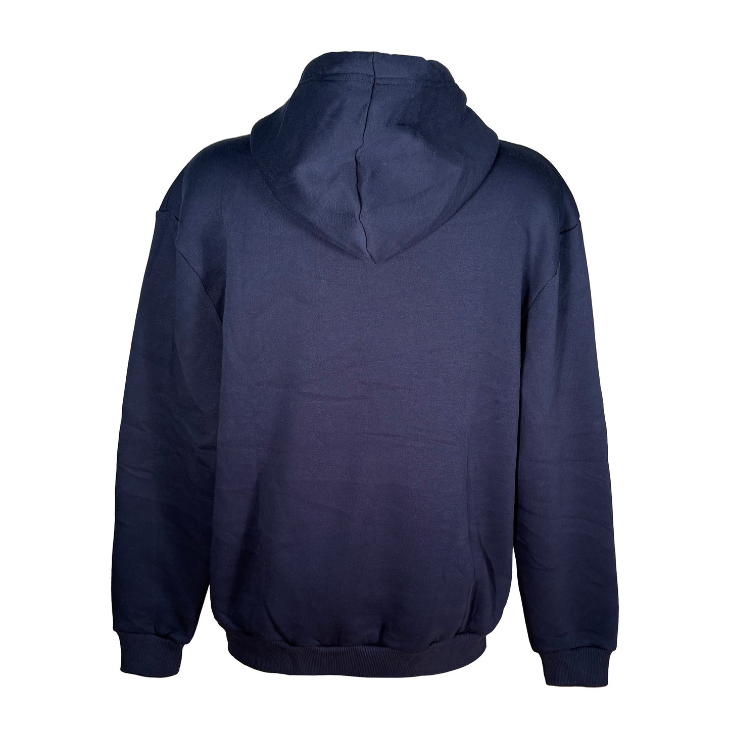 Mörkblå hoodie med ett tidlöst guldfärgat motiv inspirerat av svensk historia - sedd bakifrån.