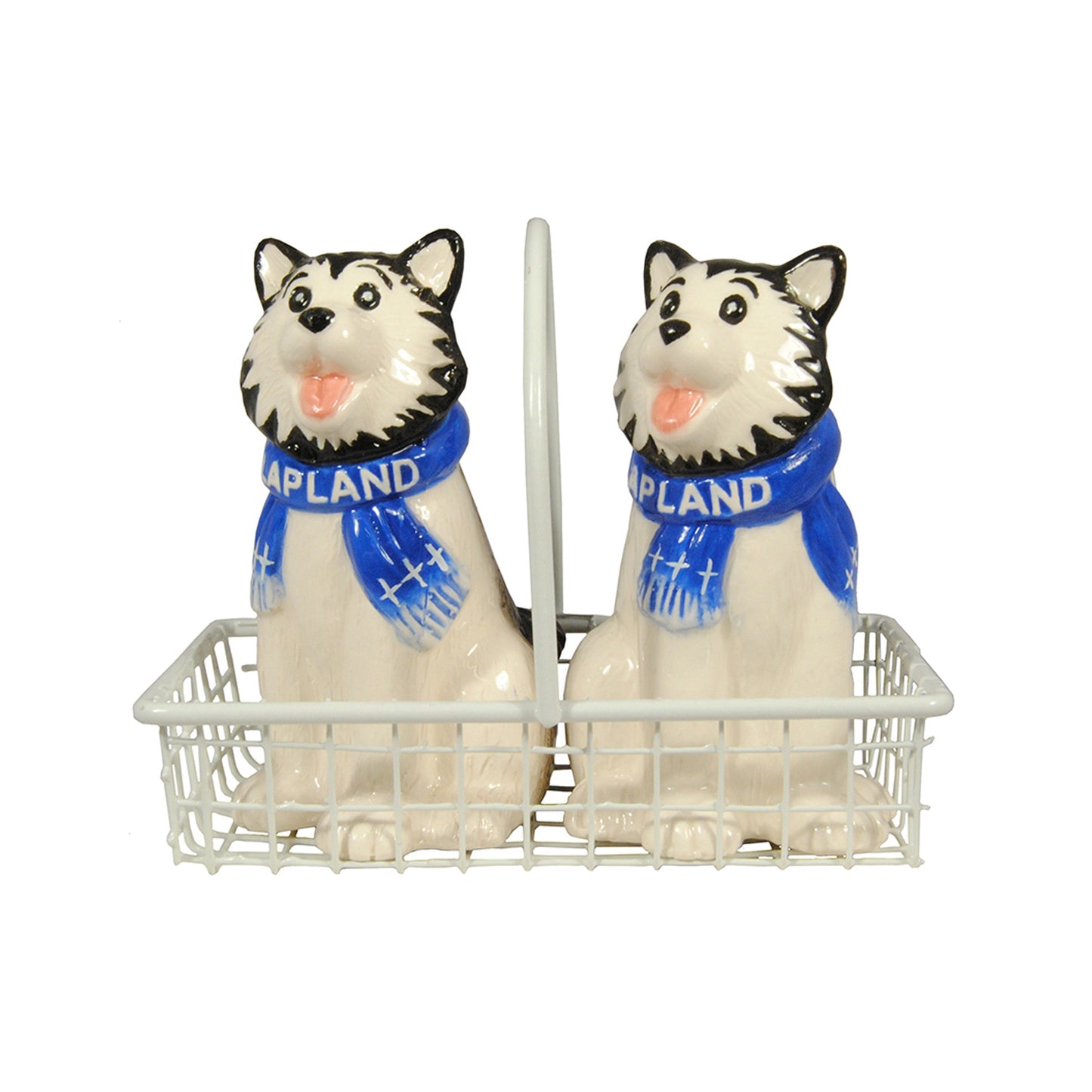 Salt- och pepparkar formade som huskies med blå halsdukar med texten "LAPLAND" , placerade i en vit korg – en dekorativ och humoristisk souvenir från Lappland.