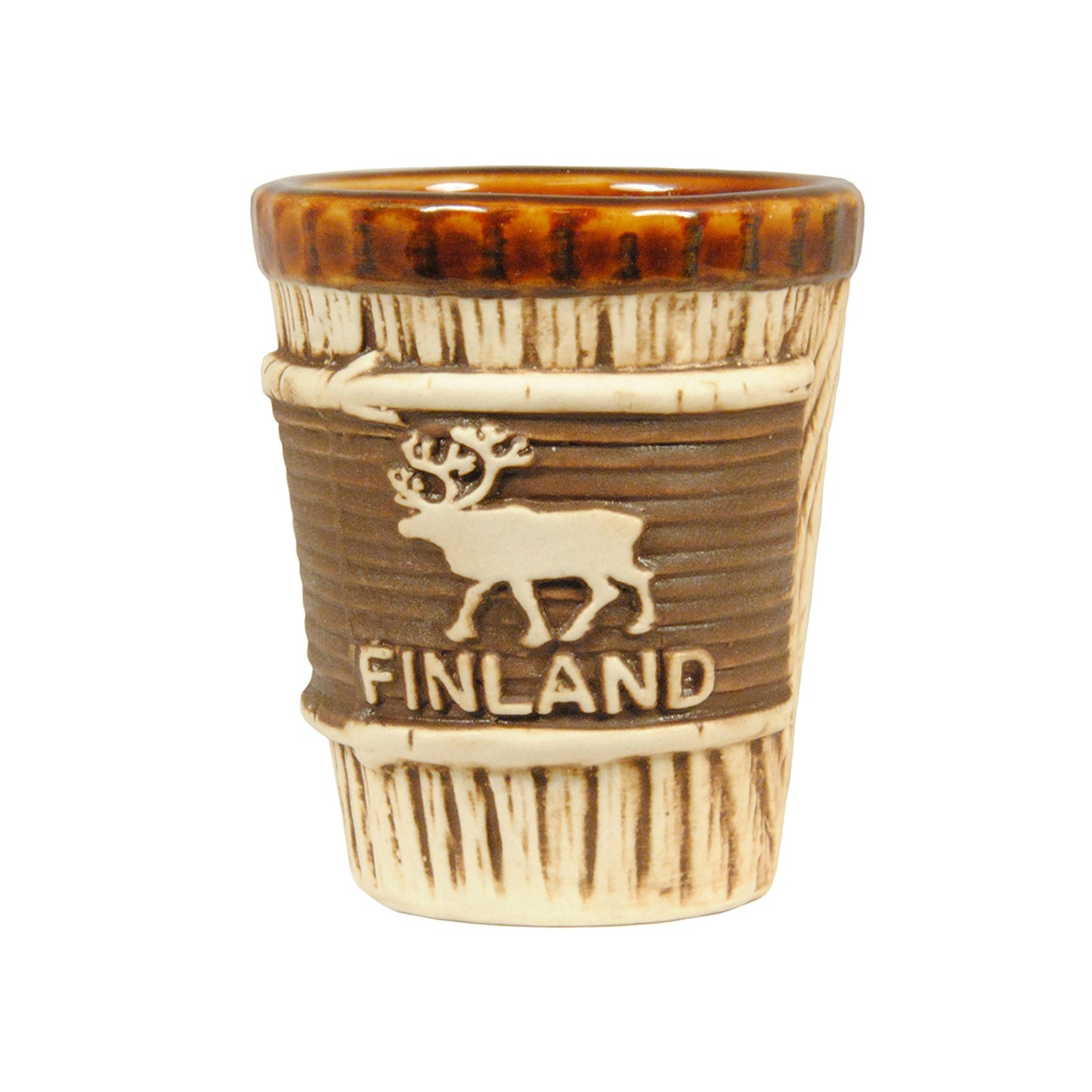 Shotsglas med renmotiv, texten 'FINLAND' och träliknande mönster – med mörkbrun kant och naturinspirerad design.