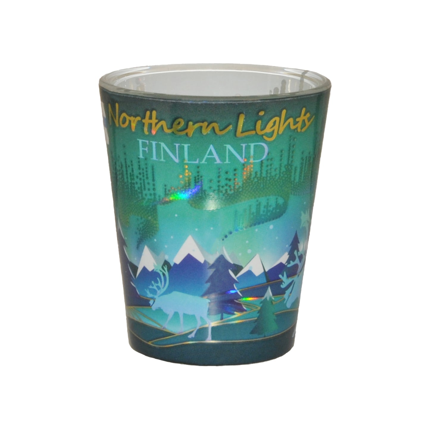 Shotsglas med skimrande norrskensmotiv, ståtliga renar och texten Northern Lights Finland.