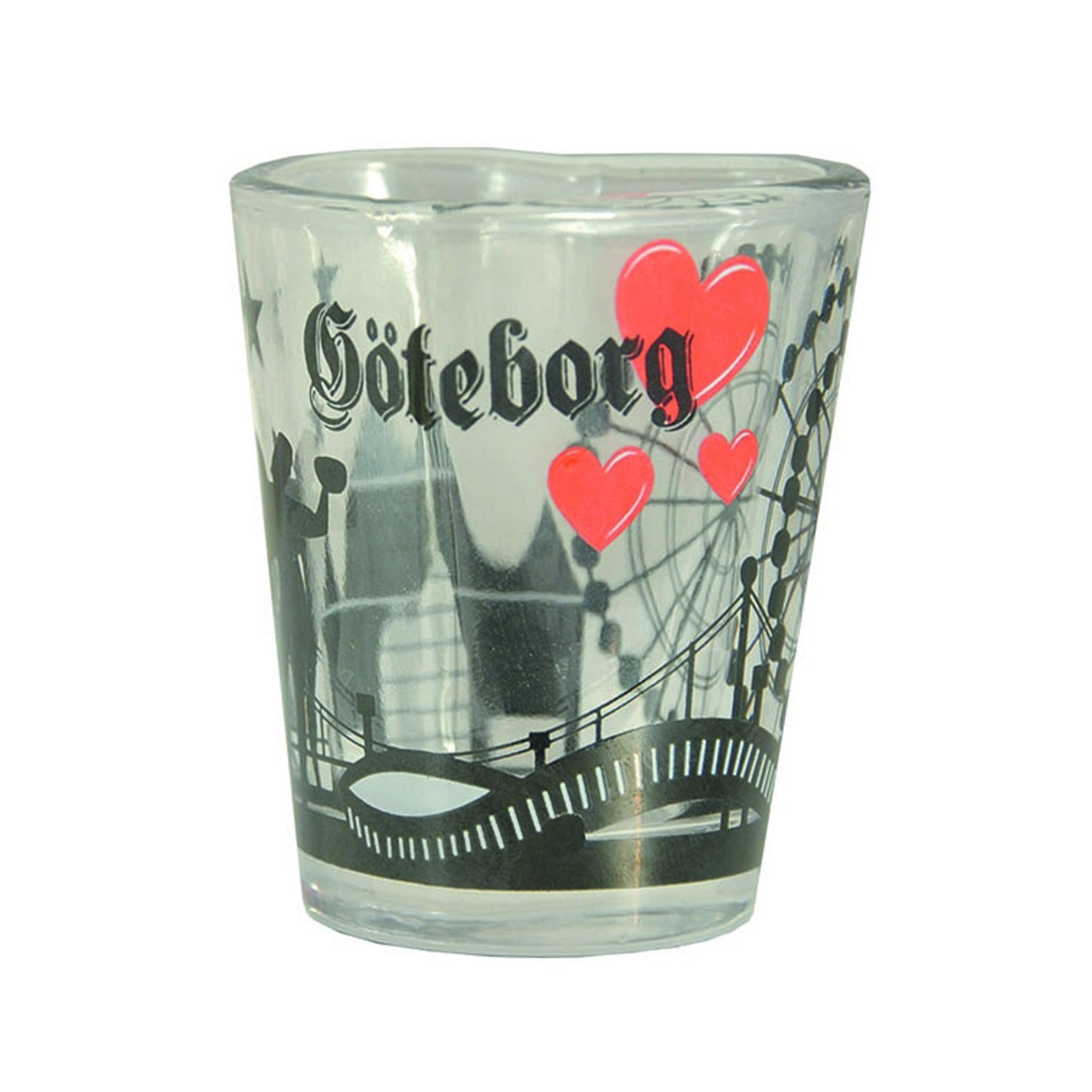 Hjärtformat shotglas med Göteborgsmotiv. Här skymtar vi bland annat pariserhjulet på Liseberg, Ullevi och Poseidon. Glaset pryds också av texten Göteborg och 3 hjärtan i olika storlekar.