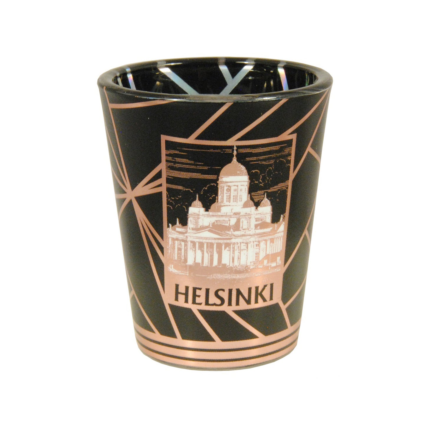 Svart shotsglas med motiv av Helsingfors katedral och texten "Helsinki" i bronssfärg.