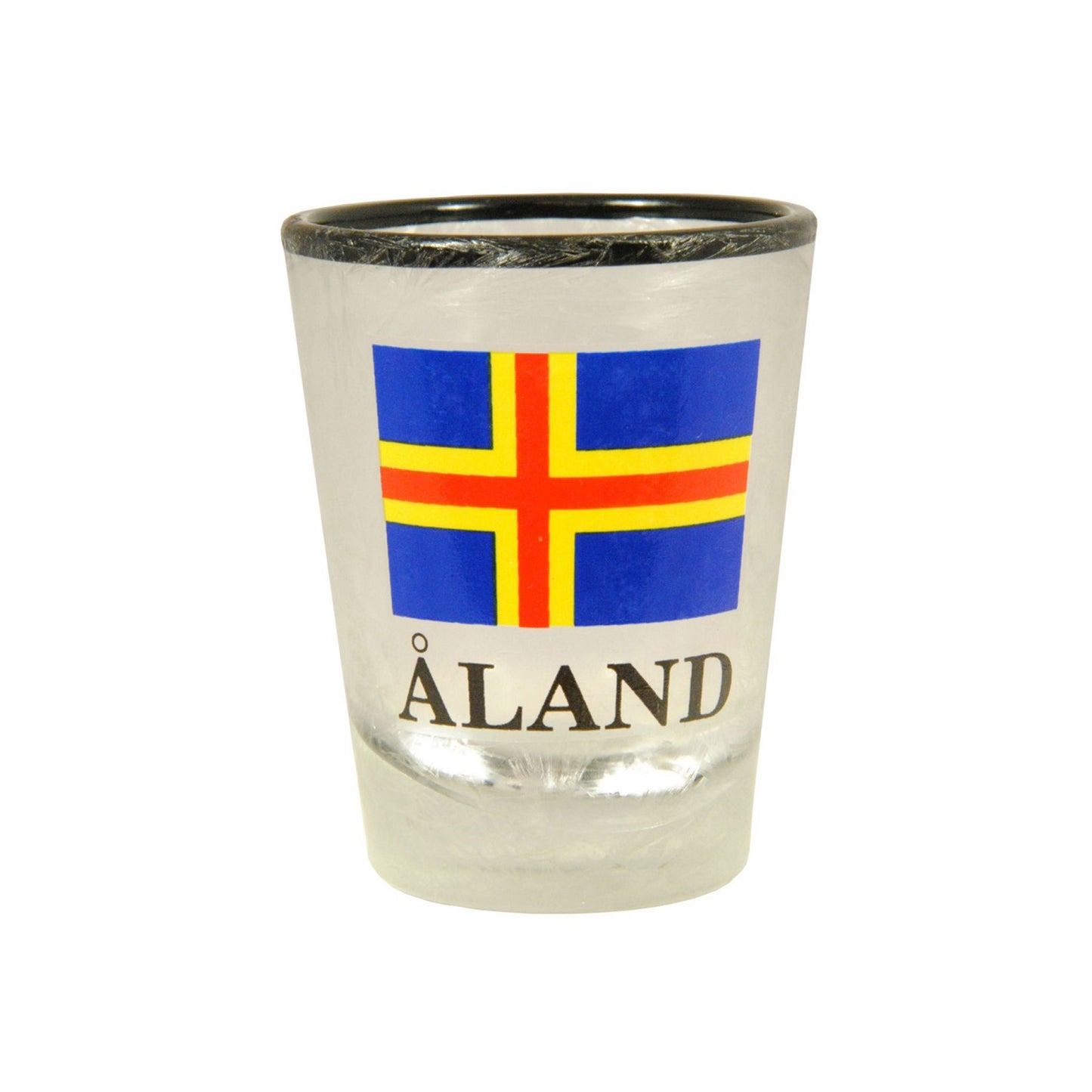 Souvenir-shotglas med sprucken is-effekt, svart kant och texten "Åland" samt Ålands flagga.