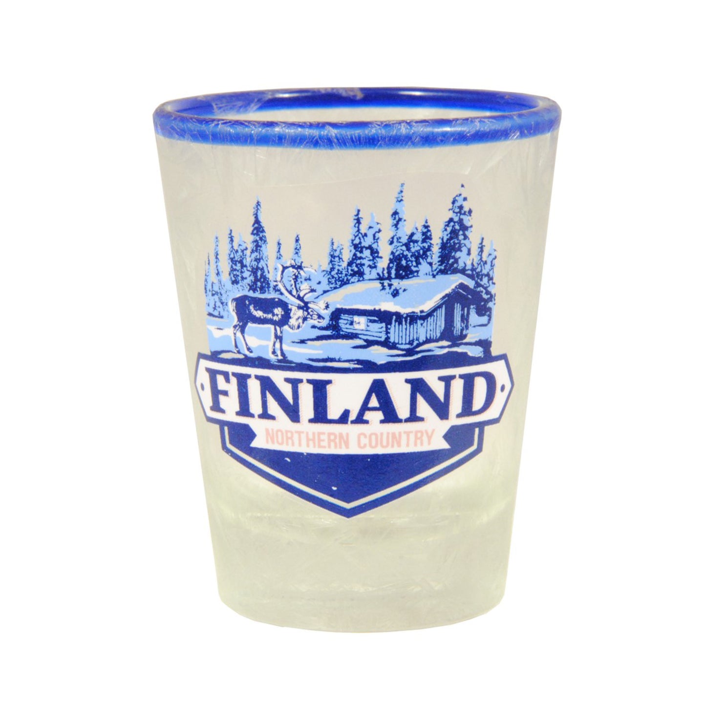 Shotglas med sprucken is-effekt, blå kant upptill och blått motiv med ren, skog och texten 'Finland Northern Country.