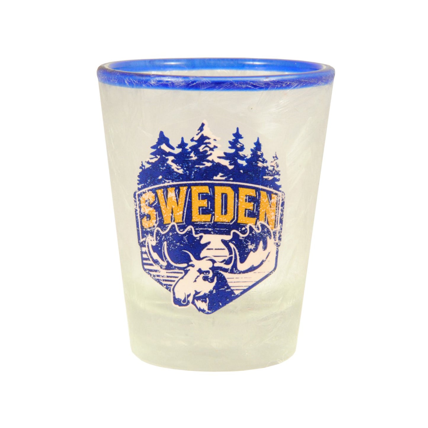 Shotglas med sprucken is-effekt, älgmotiv och texten 'Sweden' – 6 cm högt och designat för ett kallt och tufft intryck.